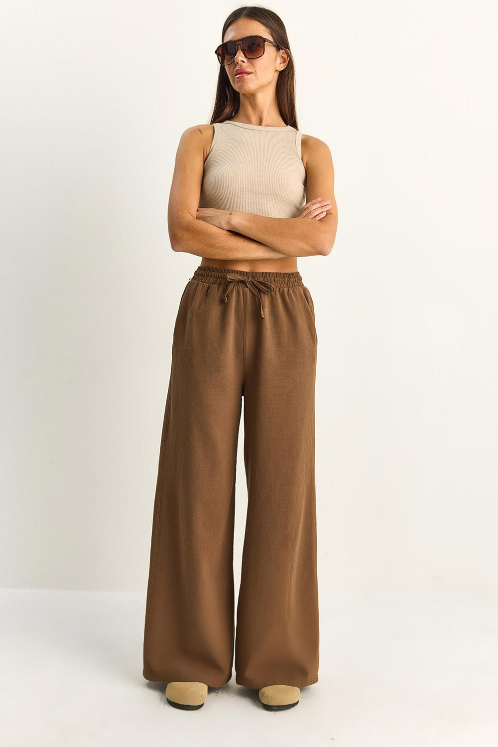 Kadın Beli Lastikli Cep Detaylı Bol Keten Pantolon YP5562 60286109 - Kahve