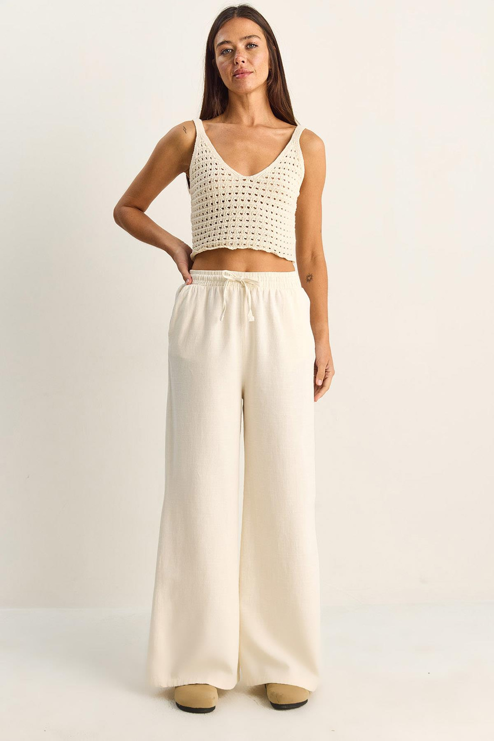 Kadın Beli Lastikli Cep Detaylı Bol Keten Pantolon YP5562 60286109 - Krem