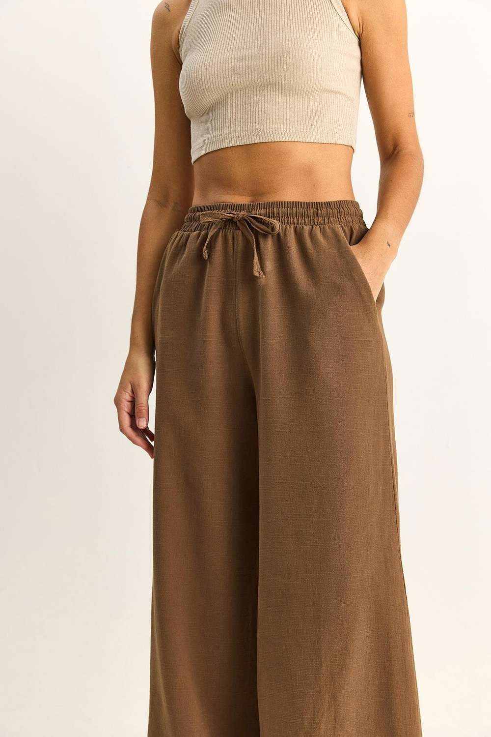 Kadın Beli Lastikli Cep Detaylı Bol Keten Pantolon YP5562 60286109 - Kahve