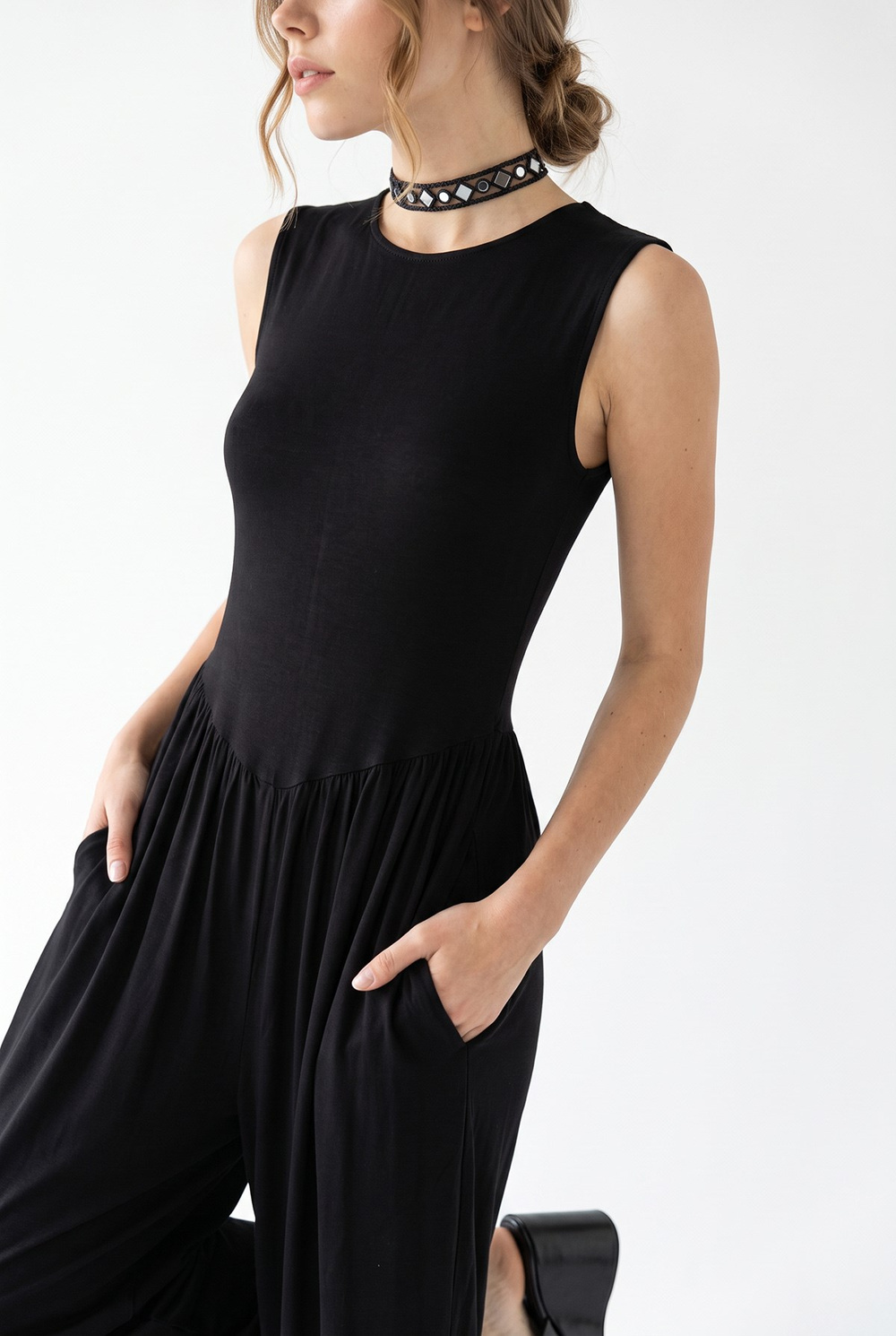 Kadın Beli Lastikli Cep Detaylı Rahat Sıfır Kol Şalvar Tulum 4144 60286427 - Siyah