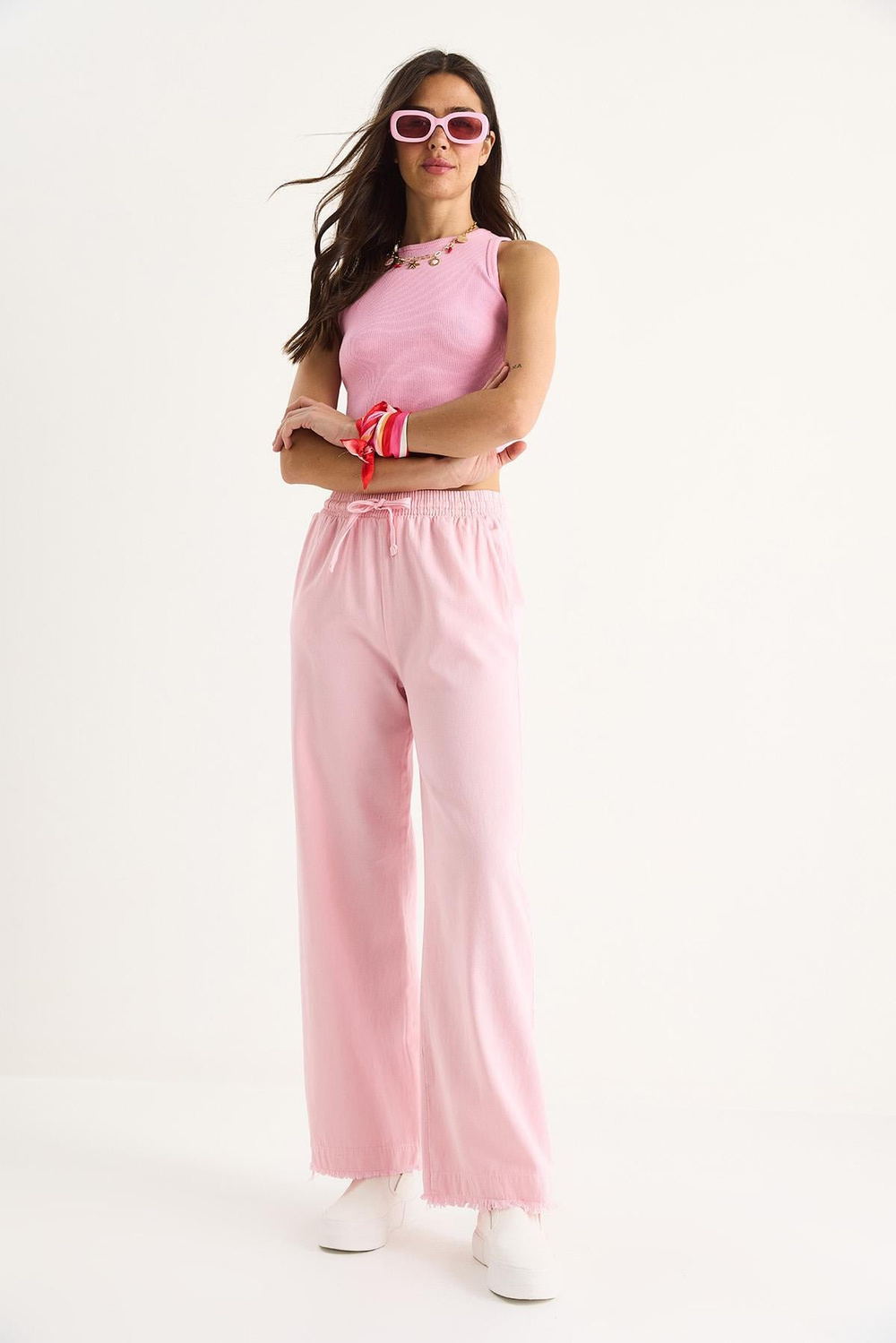 Kadın Beli Lastikli Paça Detaylı Palazzo Kalıp Pamuk Gabardin Yazlık Pantolon 60283323 - Toz Pembe