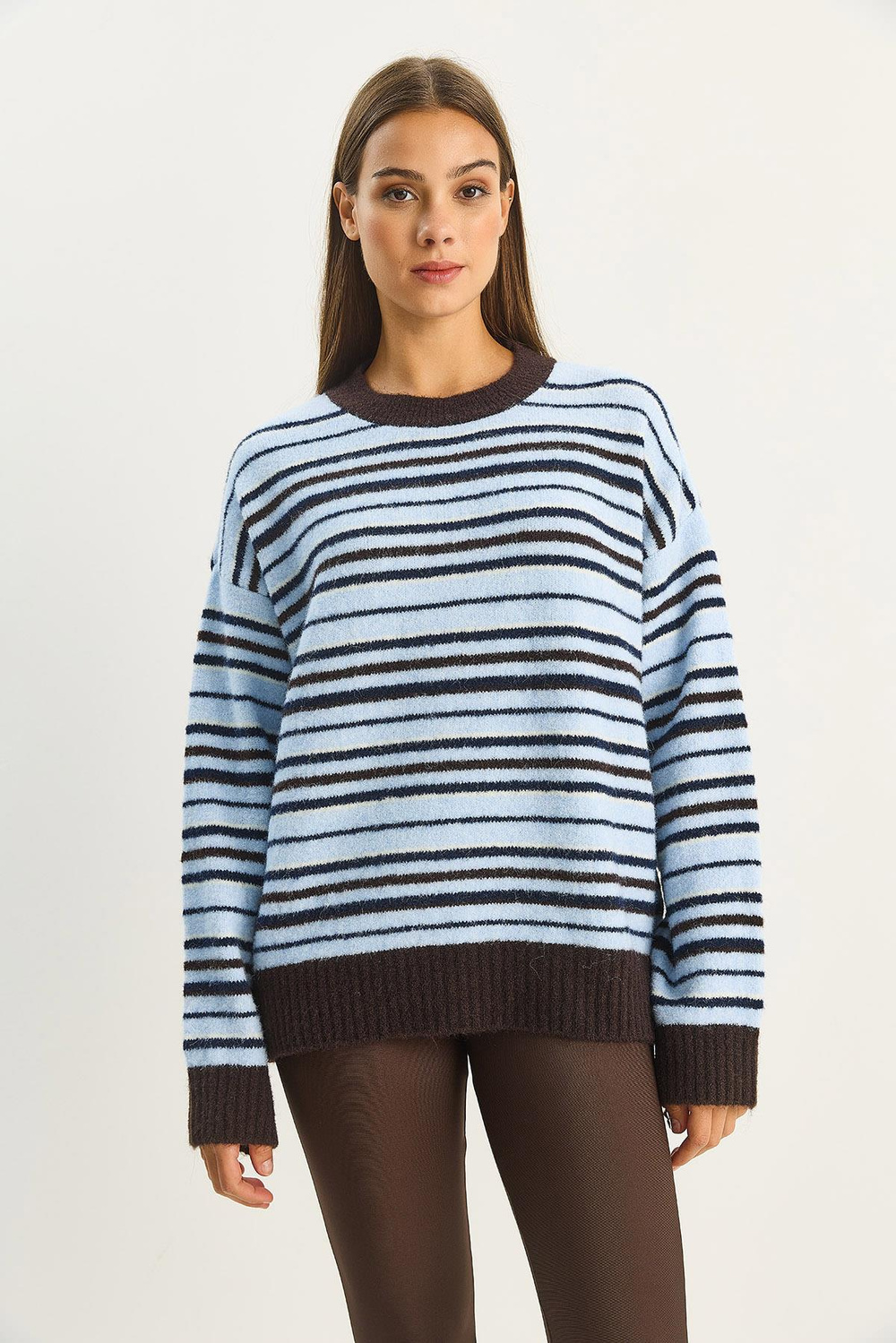 Kadın Bisiklet Yaka Çizgili Oversize Triko Kazak 2524 60283680 - Kahverengi-Mavi