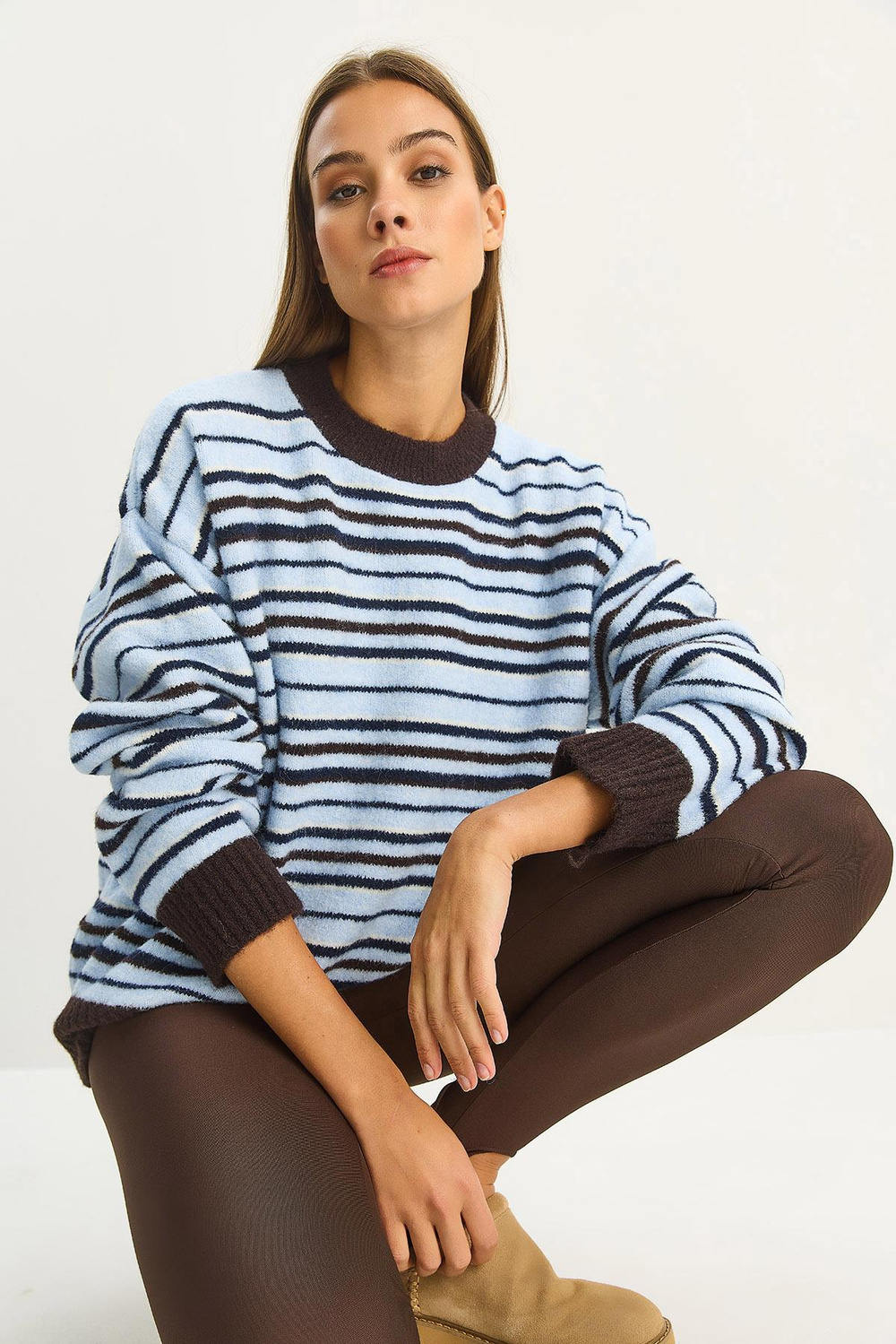 Kadın Bisiklet Yaka Çizgili Oversize Triko Kazak 2524 60283680 - Kahverengi-Mavi