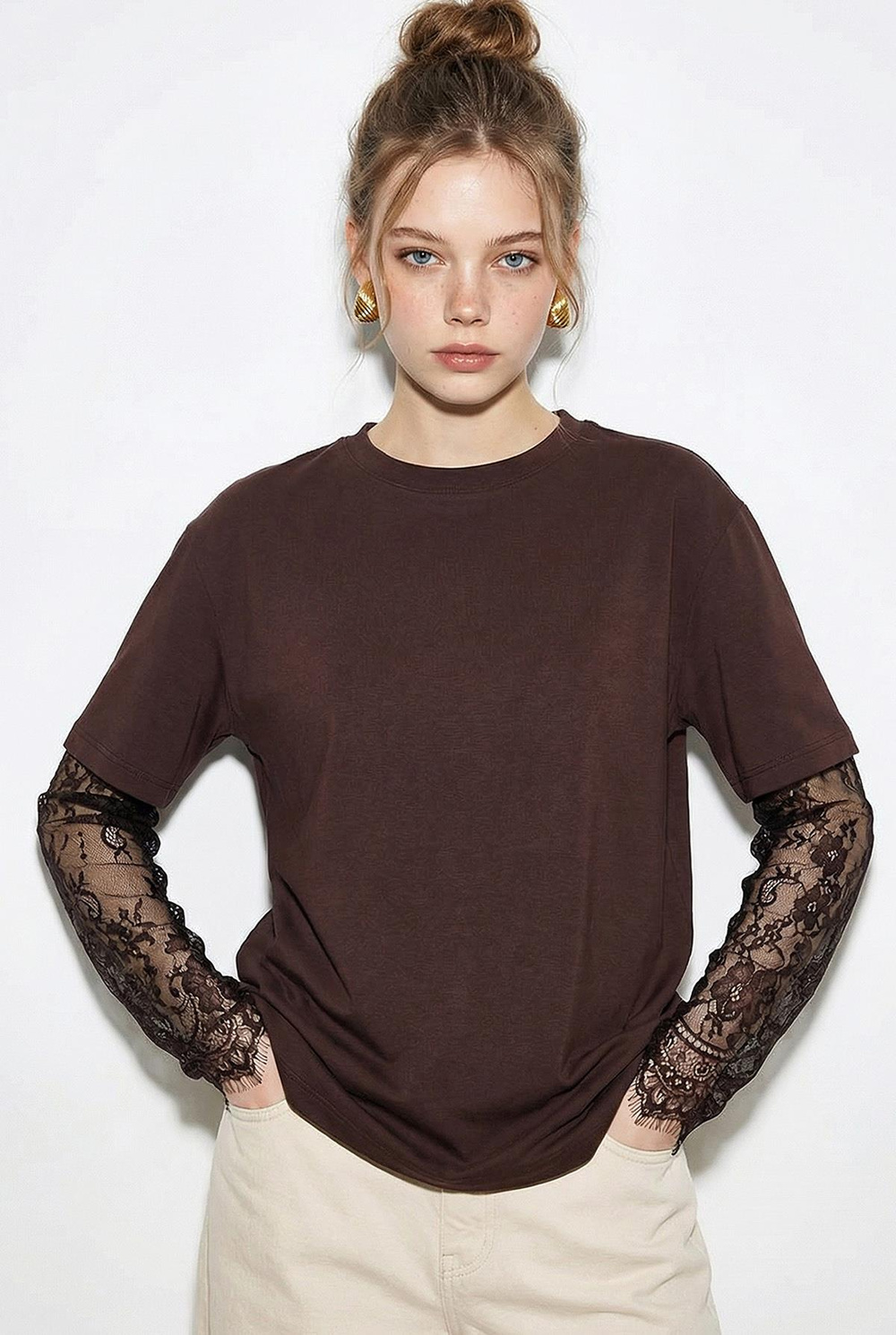 Kadın Bisiklet Yaka Dantel Kollu Oversize Pamuklu T-Shirt 1049 60286075 - Acı Kahve