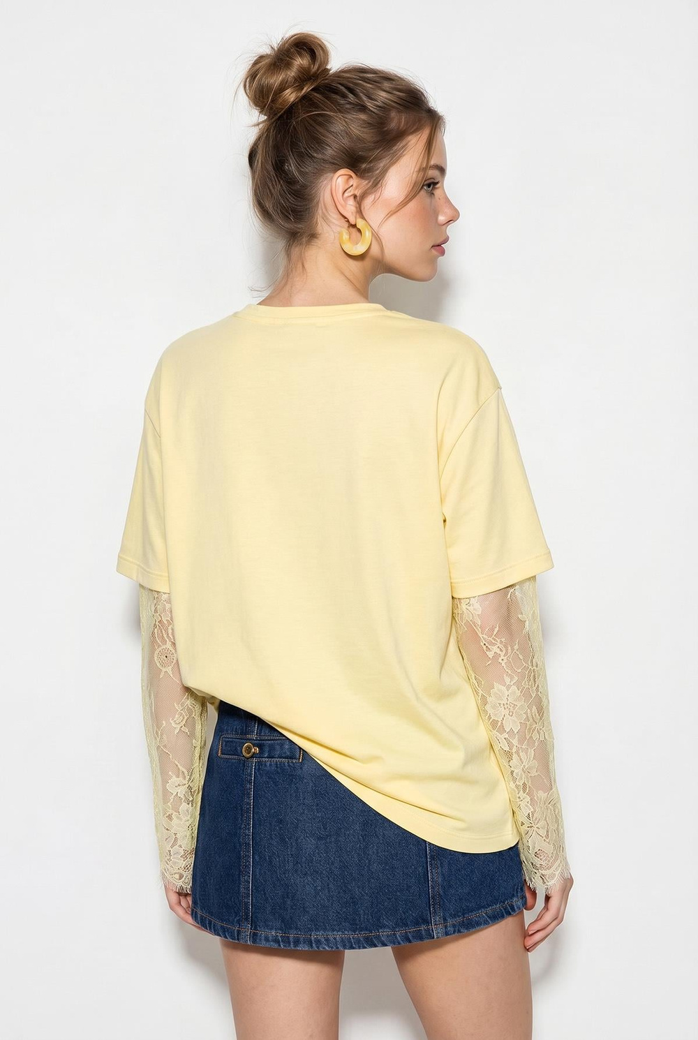Kadın Bisiklet Yaka Dantel Kollu Oversize Pamuklu T-Shirt 1049 60286075 - Sarı