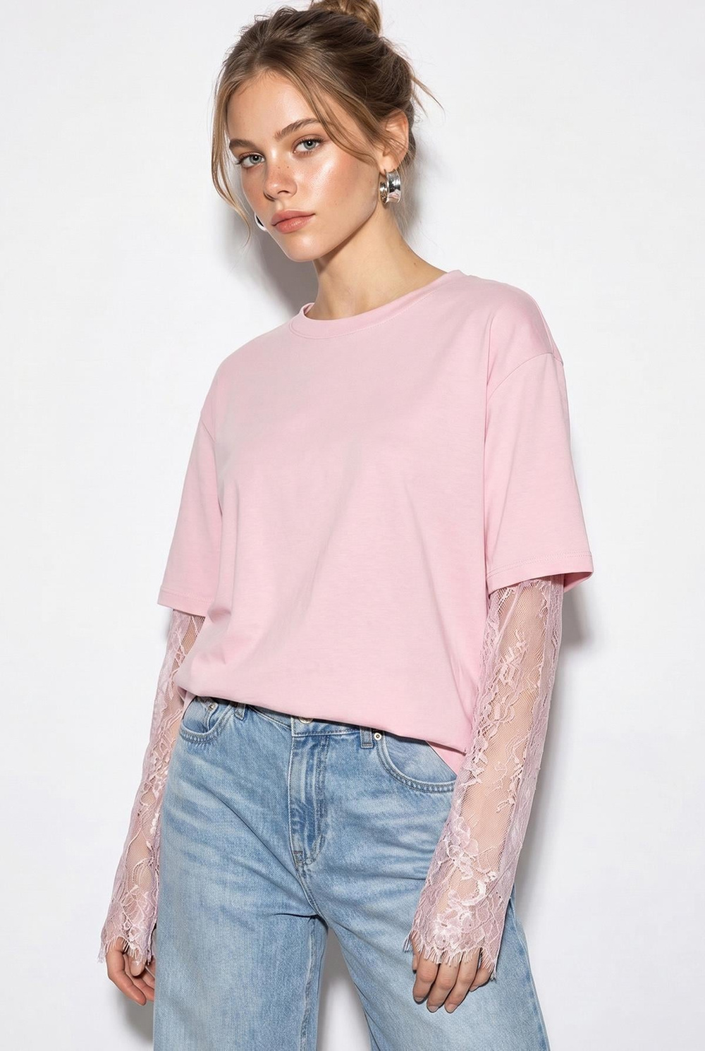 Kadın Bisiklet Yaka Dantel Kollu Oversize Pamuklu T-Shirt 1049 60286075 - Pembe