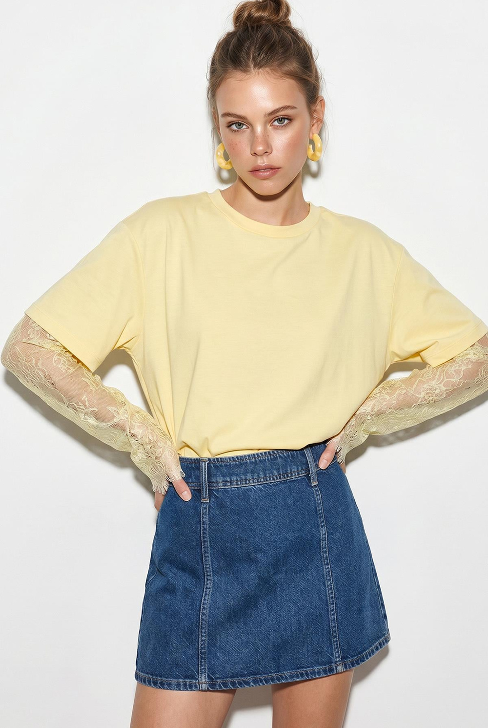 Kadın Bisiklet Yaka Dantel Kollu Oversize Pamuklu T-Shirt 1049 60286075 - Sarı