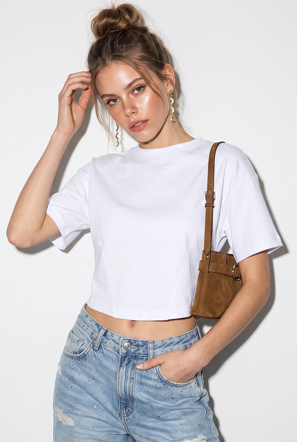 Kadın Bisiklet Yaka Korsaj Dikiş Detaylı Crop Bluz ÖB261040 60286436 - Beyaz