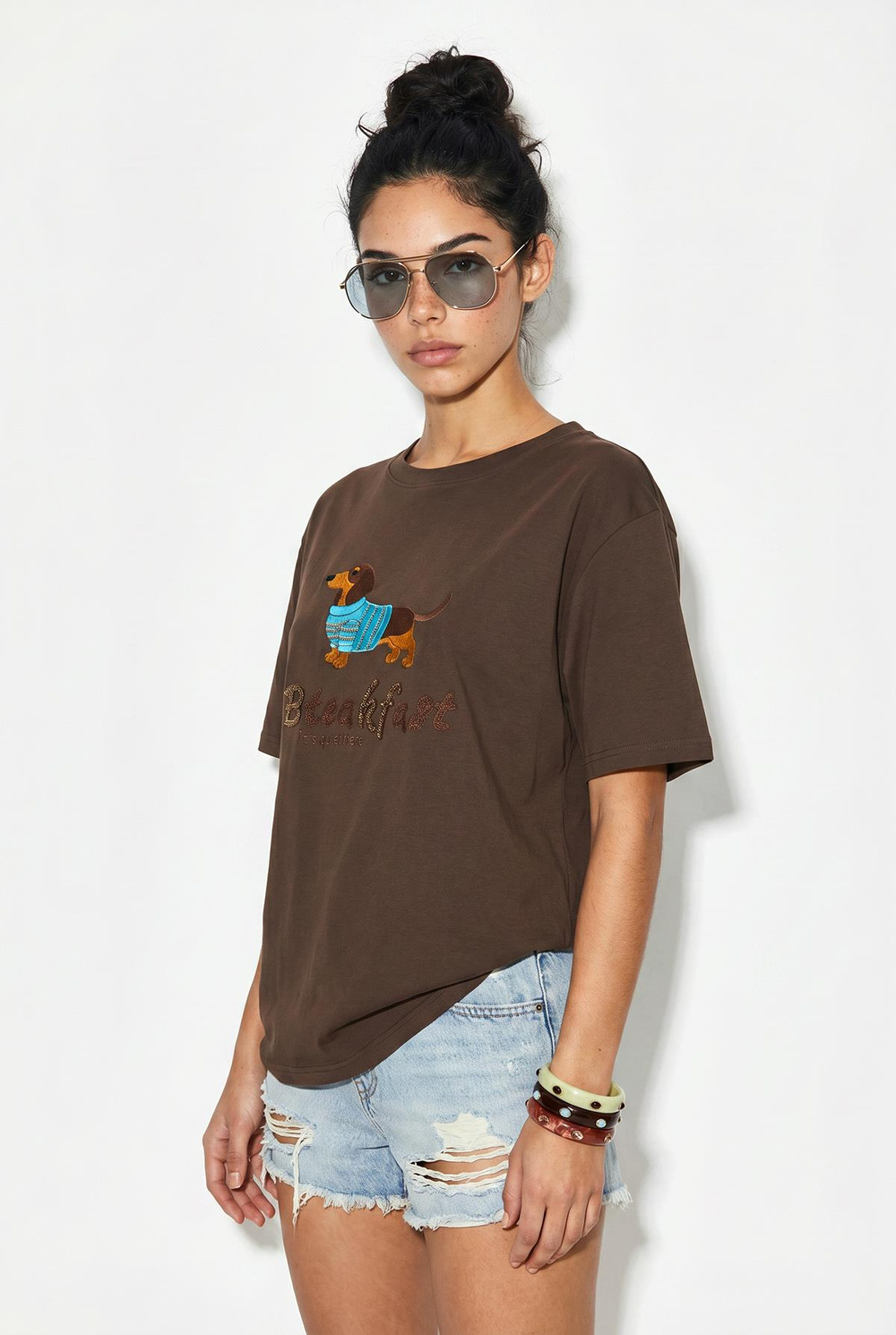 Kadın Bisiklet Yaka Nakış ve Boncuk İşlemeli Oversize T-Shirt 2221 60286122 - Kahverengi