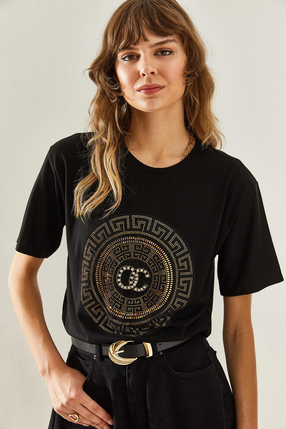 Kadın Bisiklet Yaka Taş Detaylı Basic Penye T-Shirt 60251238 - Siyah