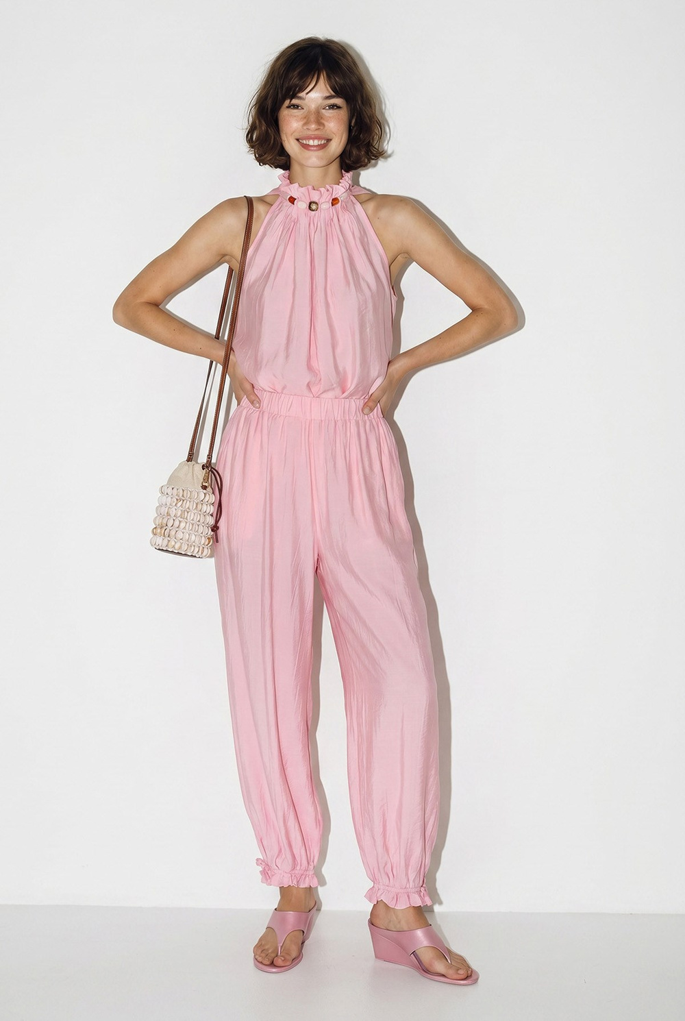 Kadın Boncuk Detaylı Halter Yaka Bluz Beli Lastikli Şalvar Pantolon Takım 1088 60286400 - Pembe