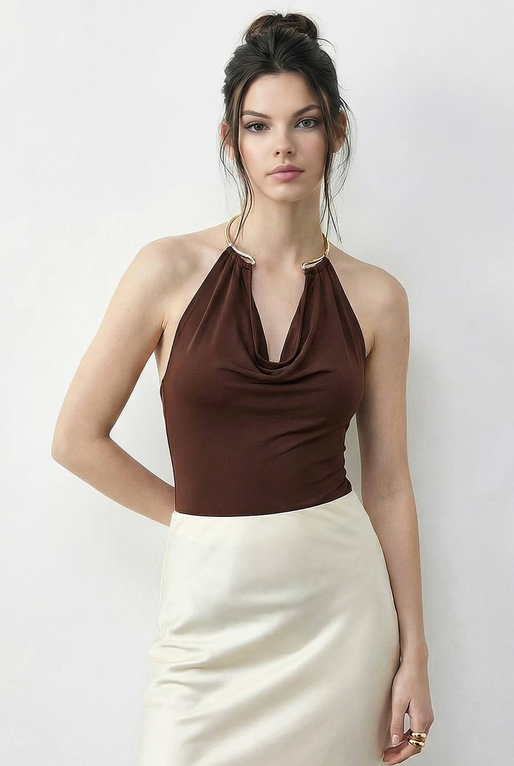 Kadın Boyundan Aksesuarlı Degaje Yaka Altı Çıtçıtlı Bodysuit 3546 60286007 - Acı Kahve