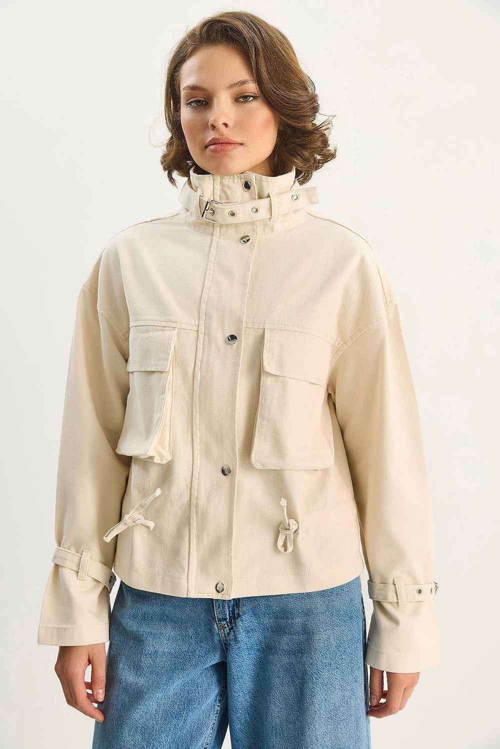 Kadın Büyük Cep Detaylı Fermuarlı Gabardin Denim Ceket 4074 60283666 - Krem