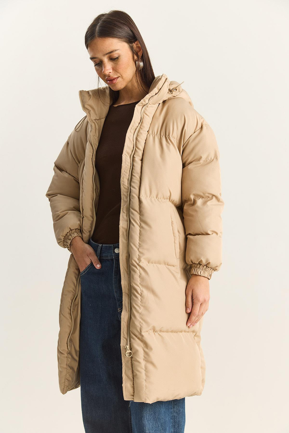 Kadın Cep Detaylı Astarlı Kapüşonlu Uzun Puffer Mont 1129 60283868 - Bej