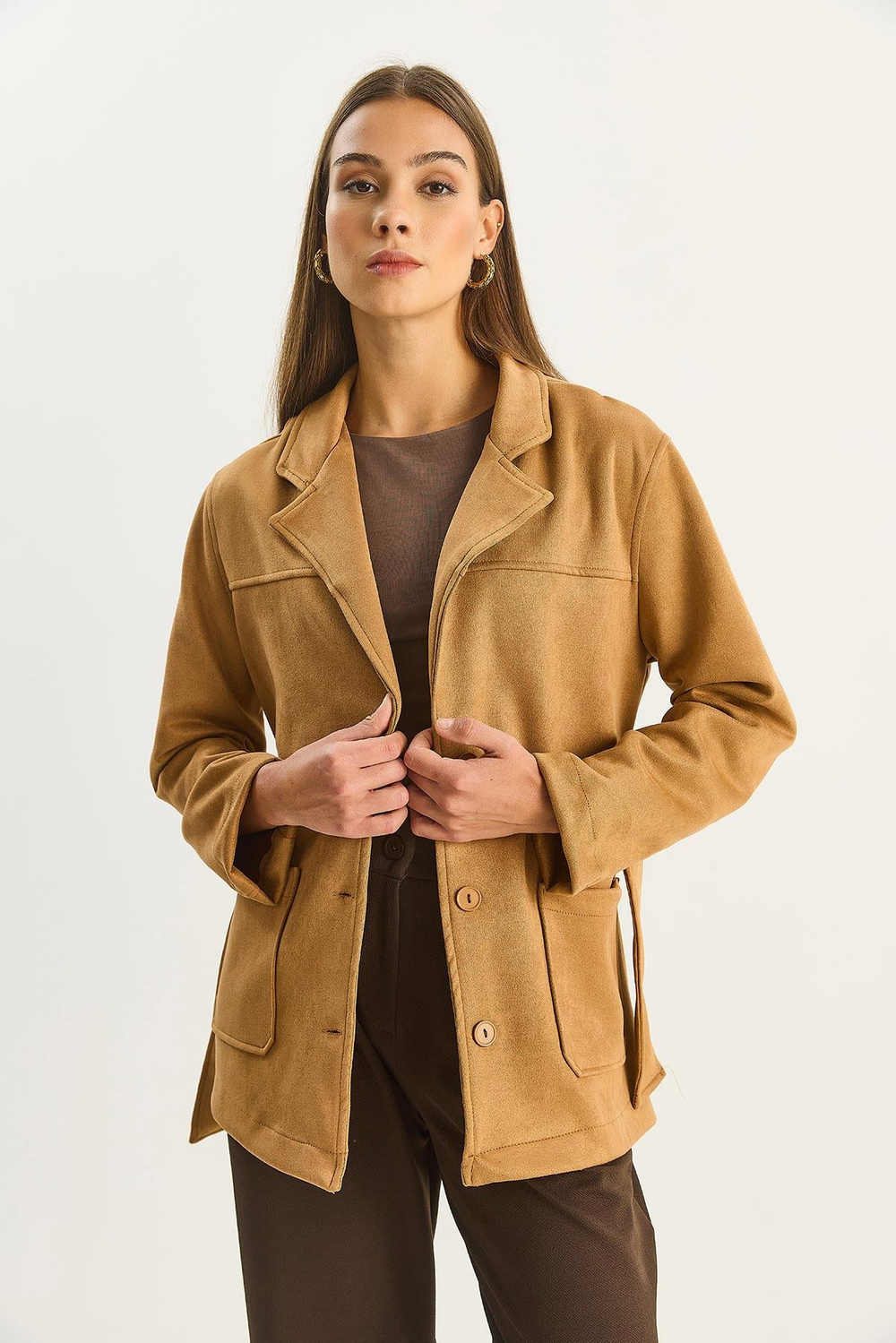 Kadın Cep Detaylı Kuşaklı Süet Ceket 60283669 - Camel