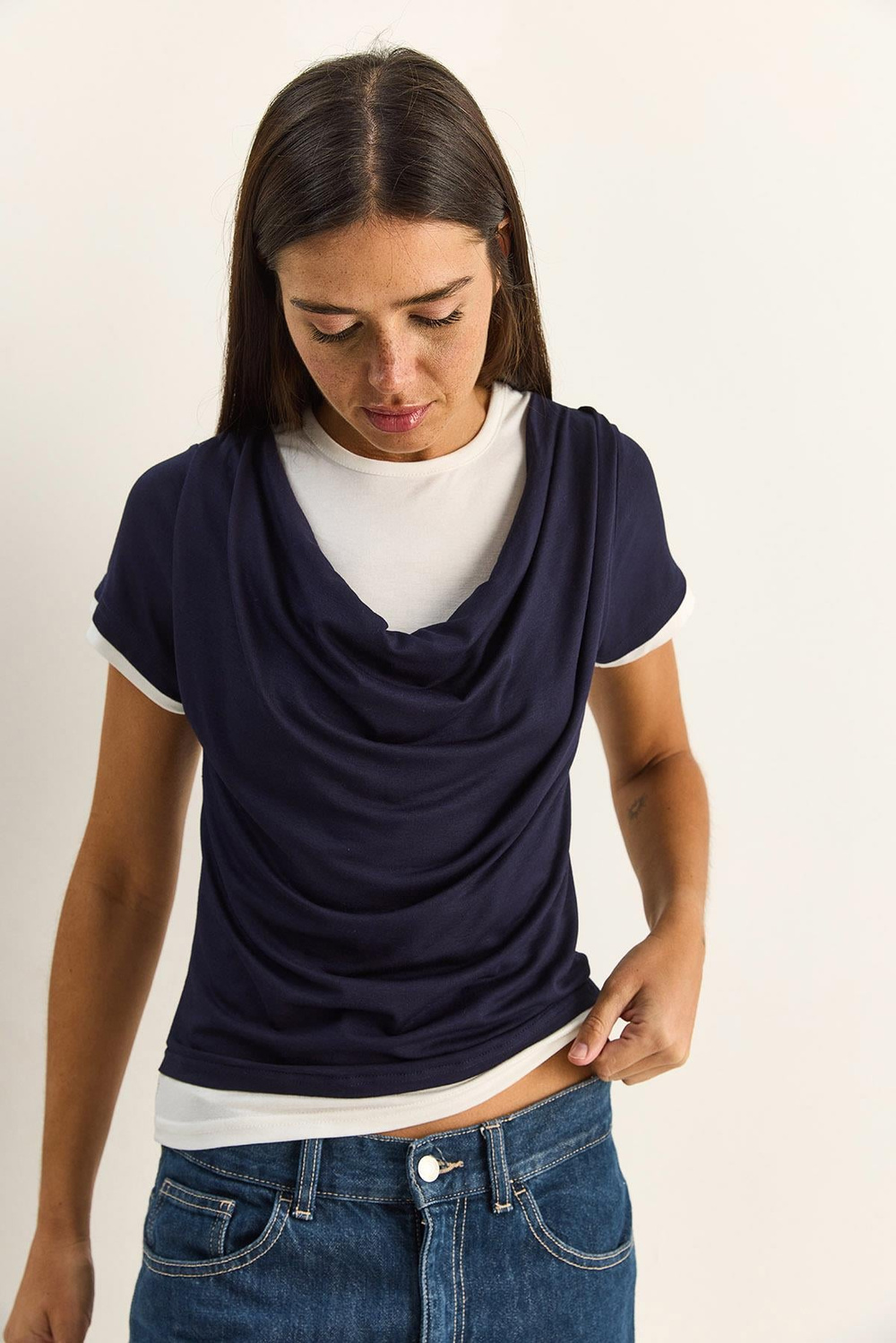 Kadın Çift Kat Görünümlü Degaje Yaka Kısa Kol T-Shirt 6140 60286132 - Lacivert