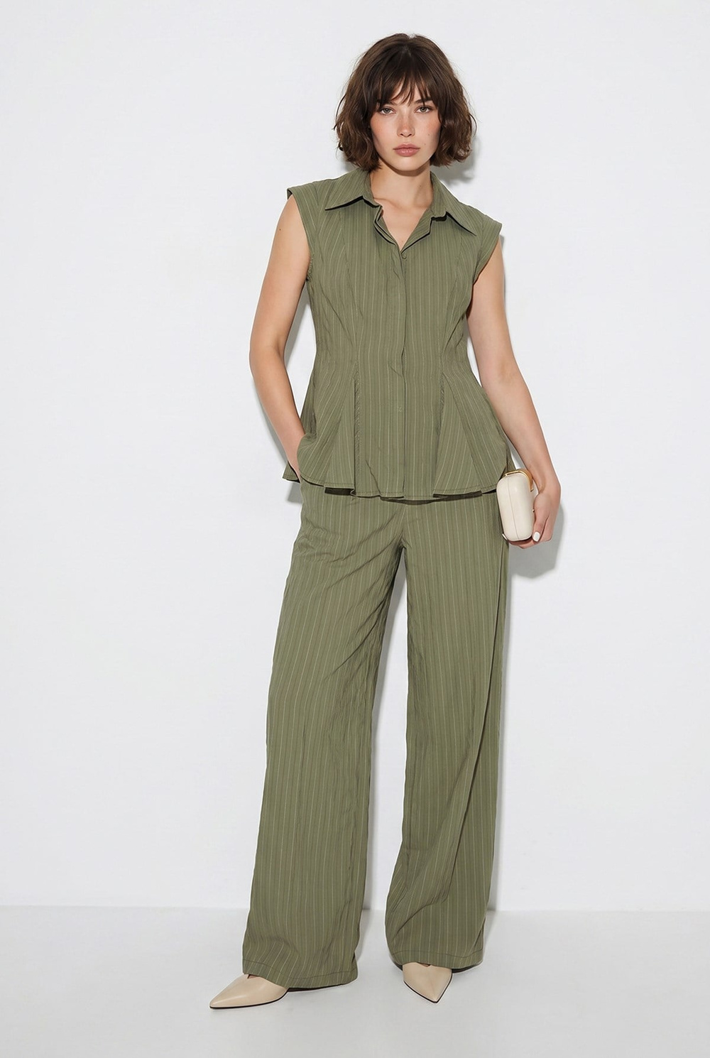 Kadın Çizgili Gömlek Yaka Peplum Bluz Bol Paça Pantolon Takım 8136 60286344 - Haki