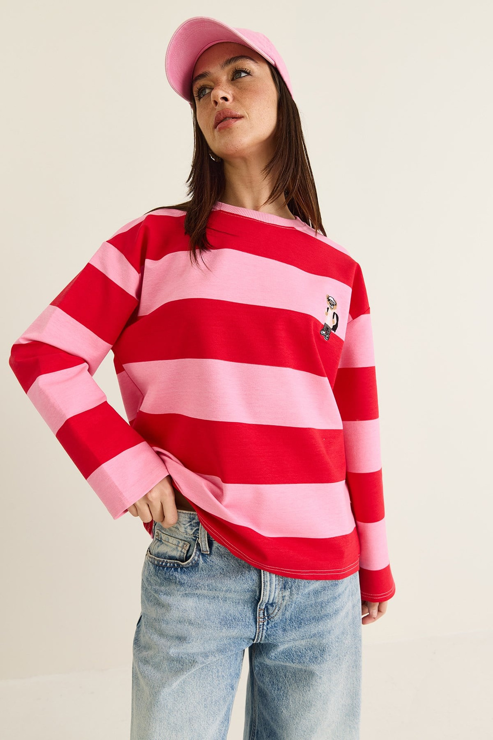 Kadın Çizgili Nakış Detaylı Oversize Sweatshirt 6206 60286534 - Pembe-Kırmızı