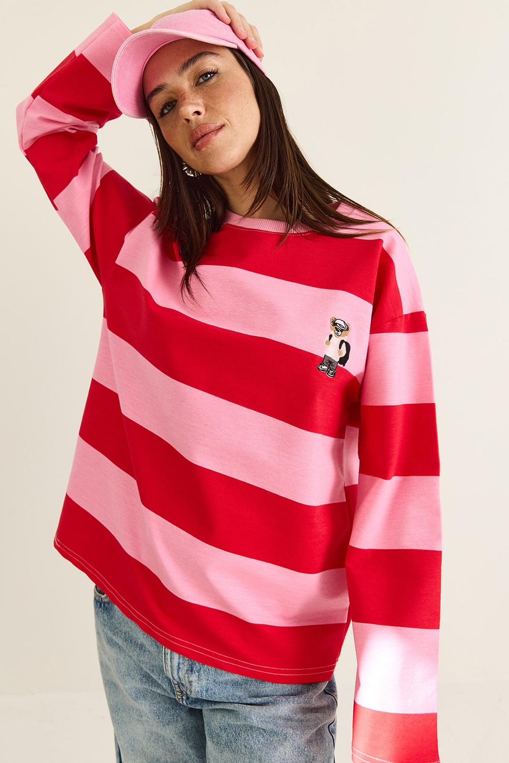 Kadın Çizgili Nakış Detaylı Oversize Sweatshirt 6206 60286534 - Pembe-Kırmızı