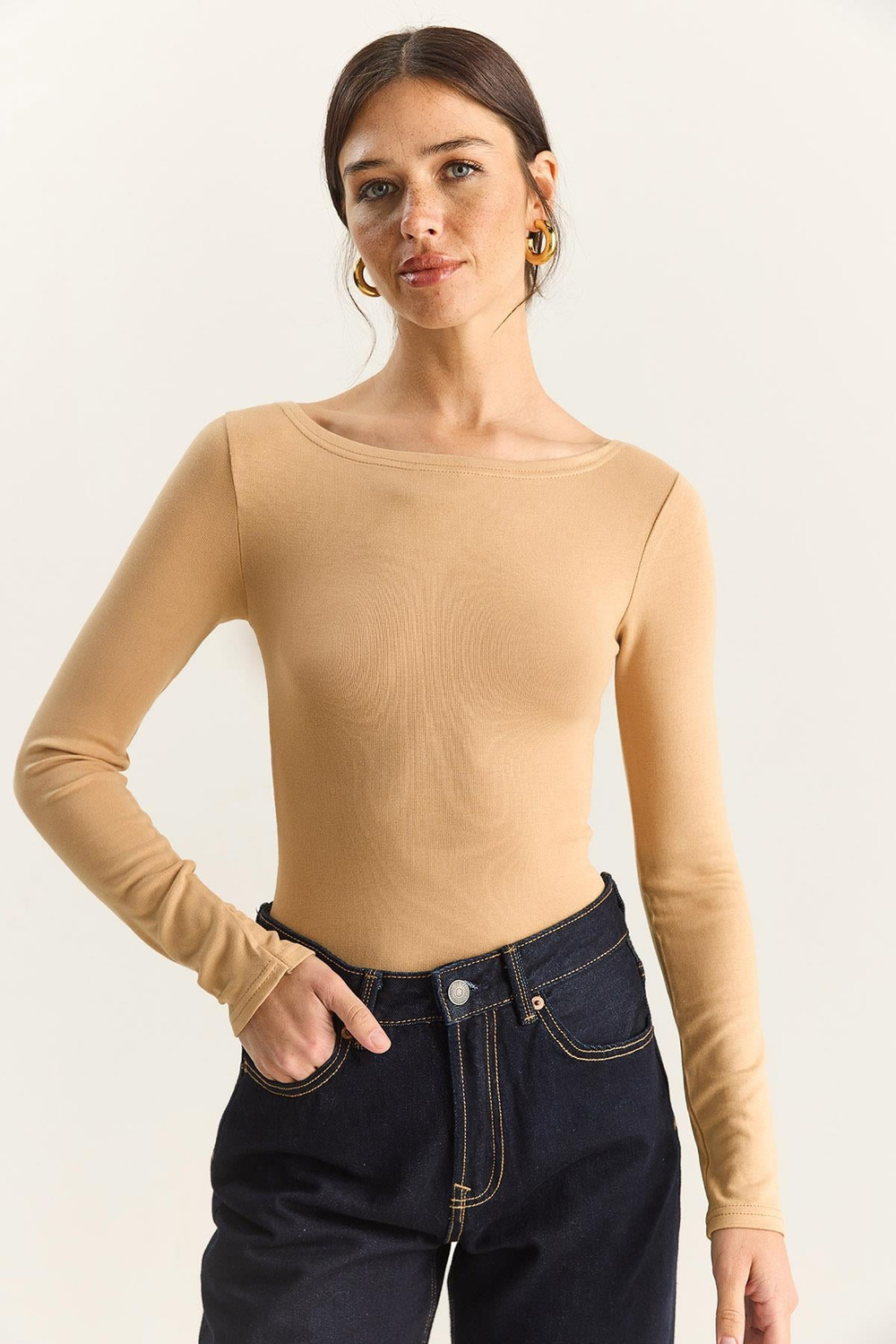 Kadın Cotton Kayık Yaka Bluz 6025 60283832 - Bej