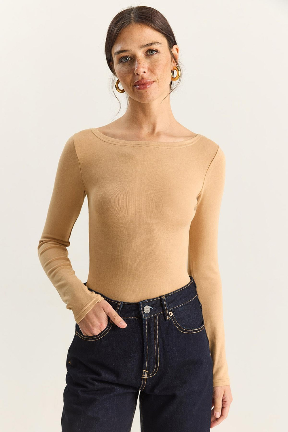 Kadın Cotton Kayık Yaka Bluz 6025 60283832 - Bej