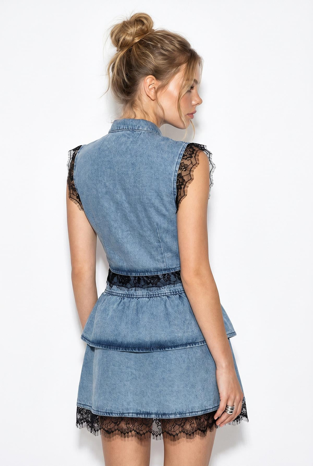 Kadın Dantel Detaylı Crop Denim Yelek Katlı Mini Denim Etek Alt-Üst Takım 8218 60286244 - Mavi