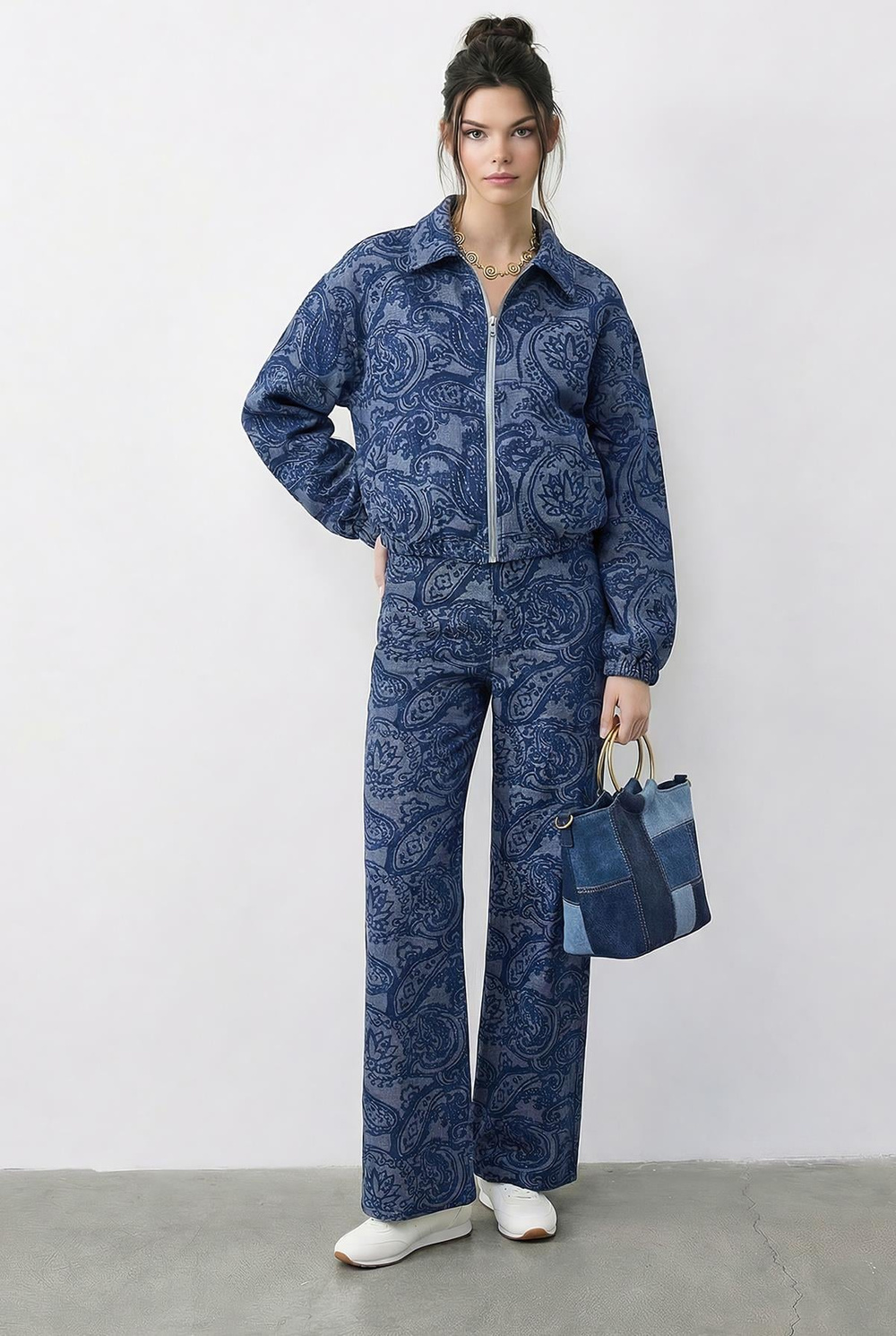 Kadın Desenli Denim Görünümlü Cep Detaylı Astarlı Bomber Ceket Pantolon Takım 8080 60283983 - Mavi