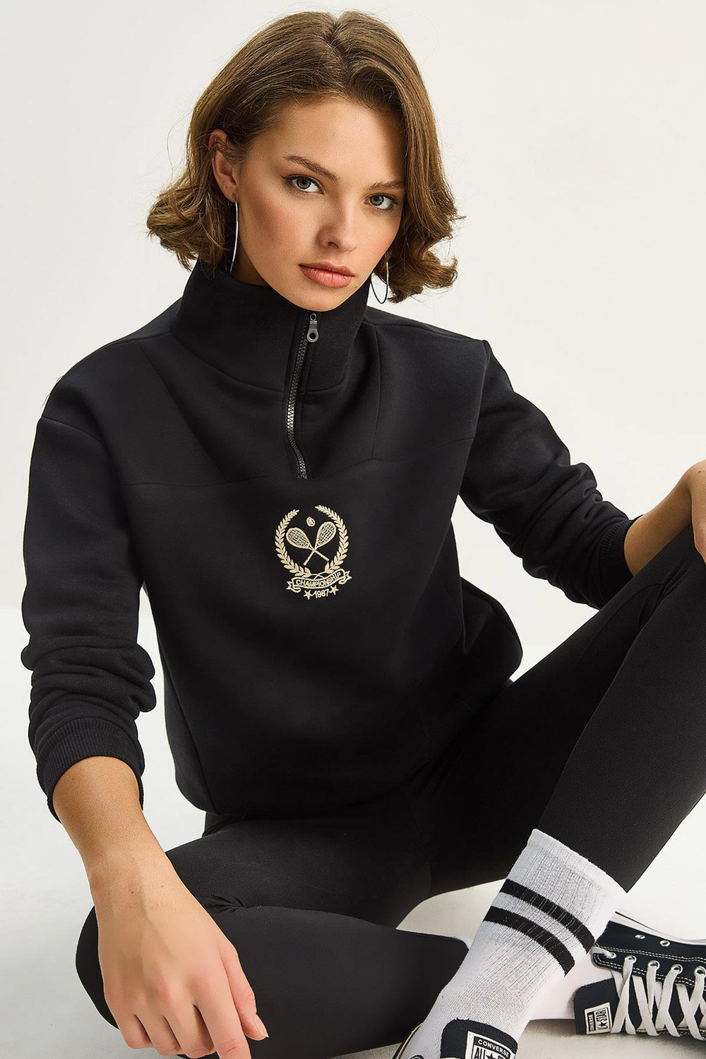 Kadın Dik Yaka Yarım Fermuarlı İçi Polarlı Crop Sweatshirt 1808 60283713 - Siyah