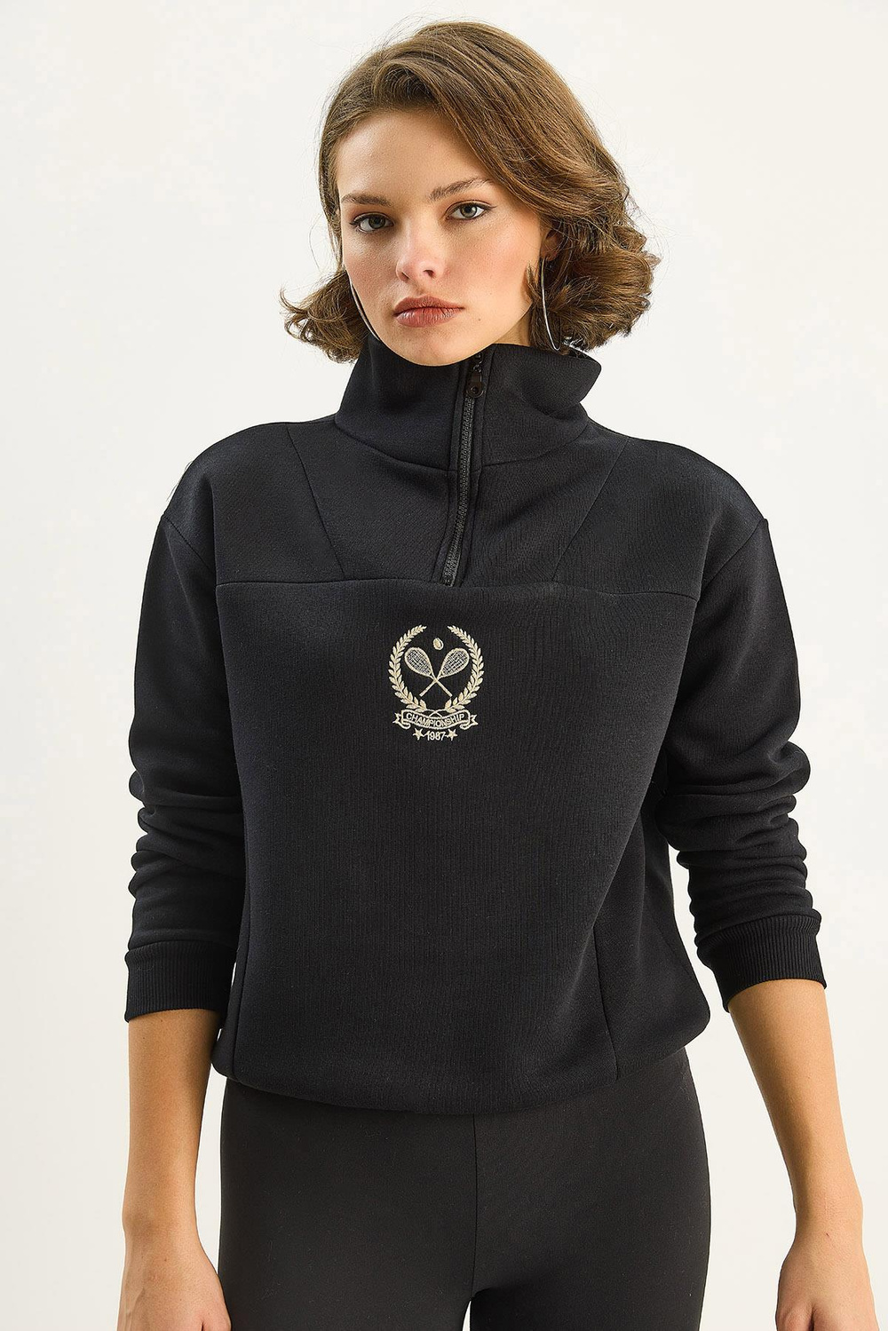 Kadın Dik Yaka Yarım Fermuarlı İçi Polarlı Crop Sweatshirt 1808 60283713 - Siyah