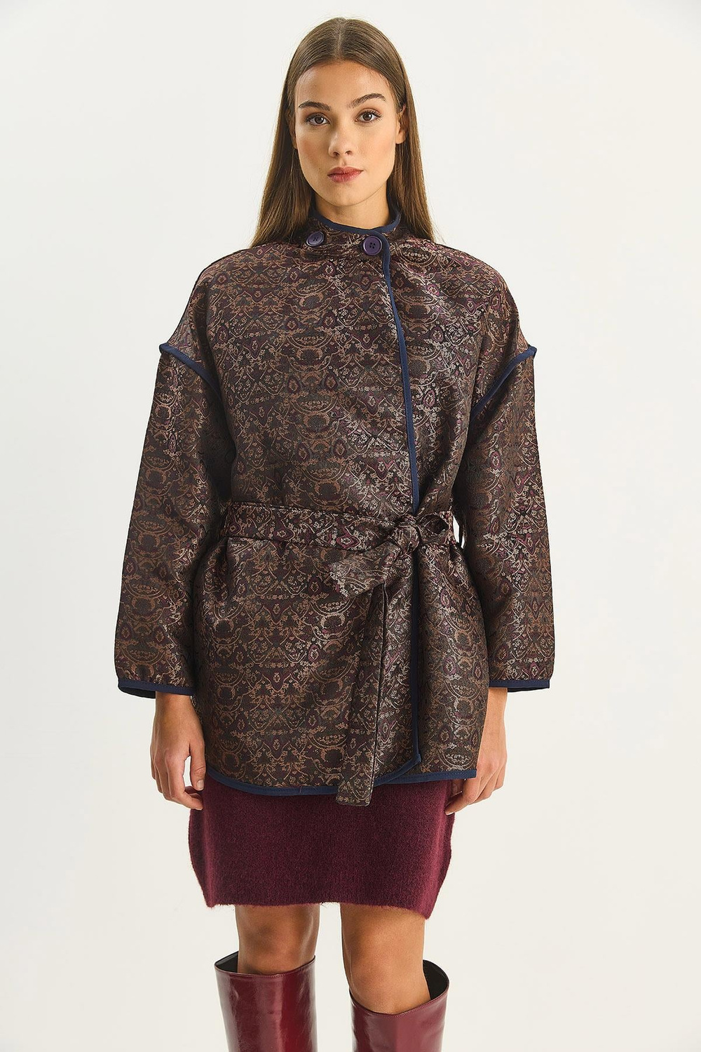 Kadın Etnik Desenli Kuşaklı Oversize Kimono 4159 60283674 - Acı Kahve