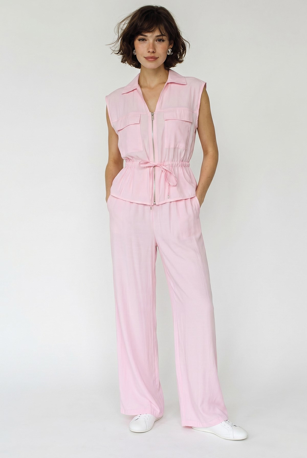 Kadın Fermuarlı Çift Cepli Ayarlanabilir Yelek Beli Lastikli Pantolon Modal Takım 8051 60286045 - Pembe