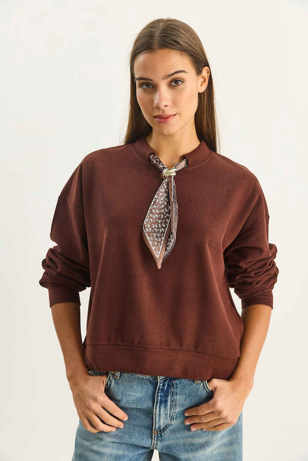 Kadın Fular Detaylı Pamuklu Ottoman Sweatshirt 6931 60283689 - Acı Kahve