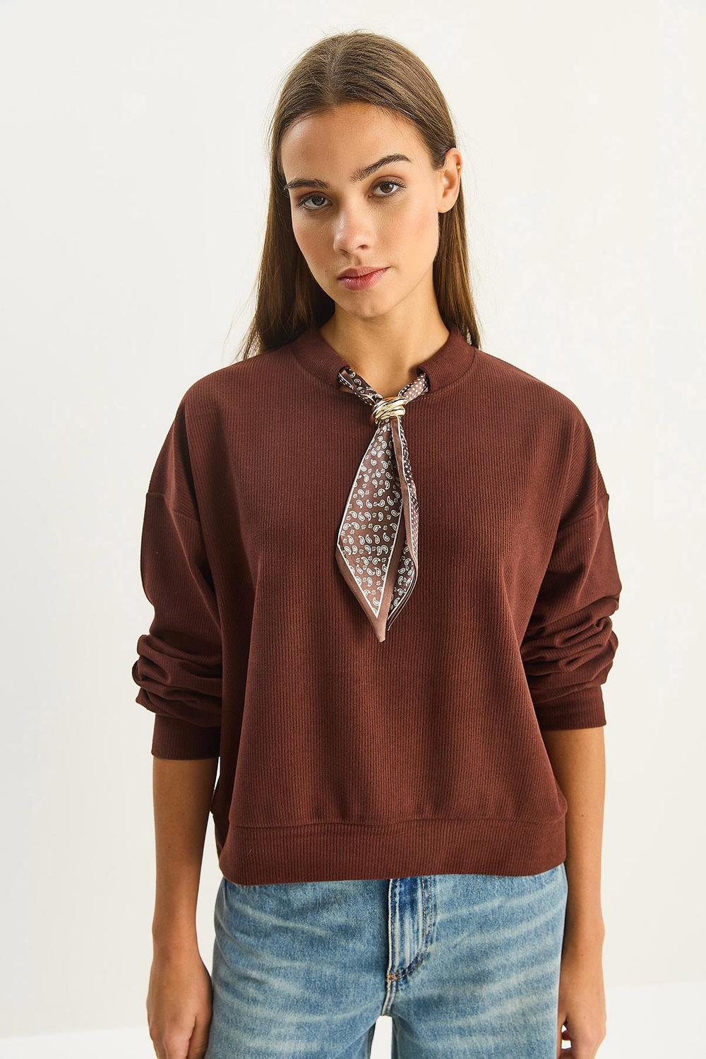 Kadın Fular Detaylı Pamuklu Ottoman Sweatshirt 6931 60283689 - Acı Kahve