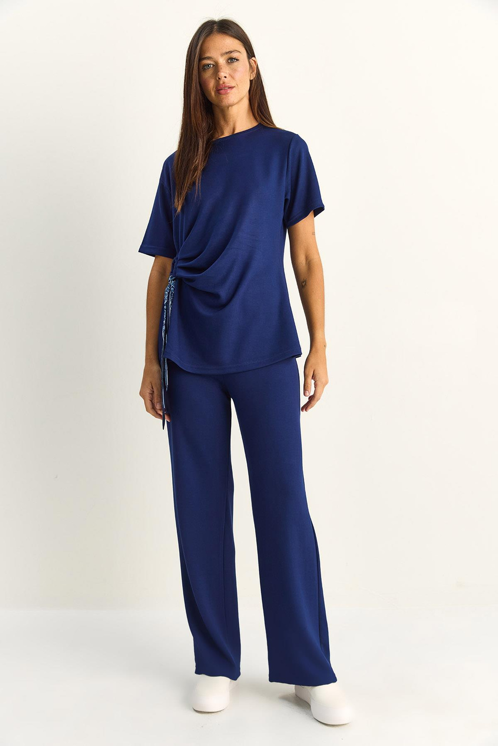 Kadın Fularlı Bağlama Detaylı T-Shirt Yüksek Bel Pantolon Alt-Üst Takım 7630 60286041 - Lacivert