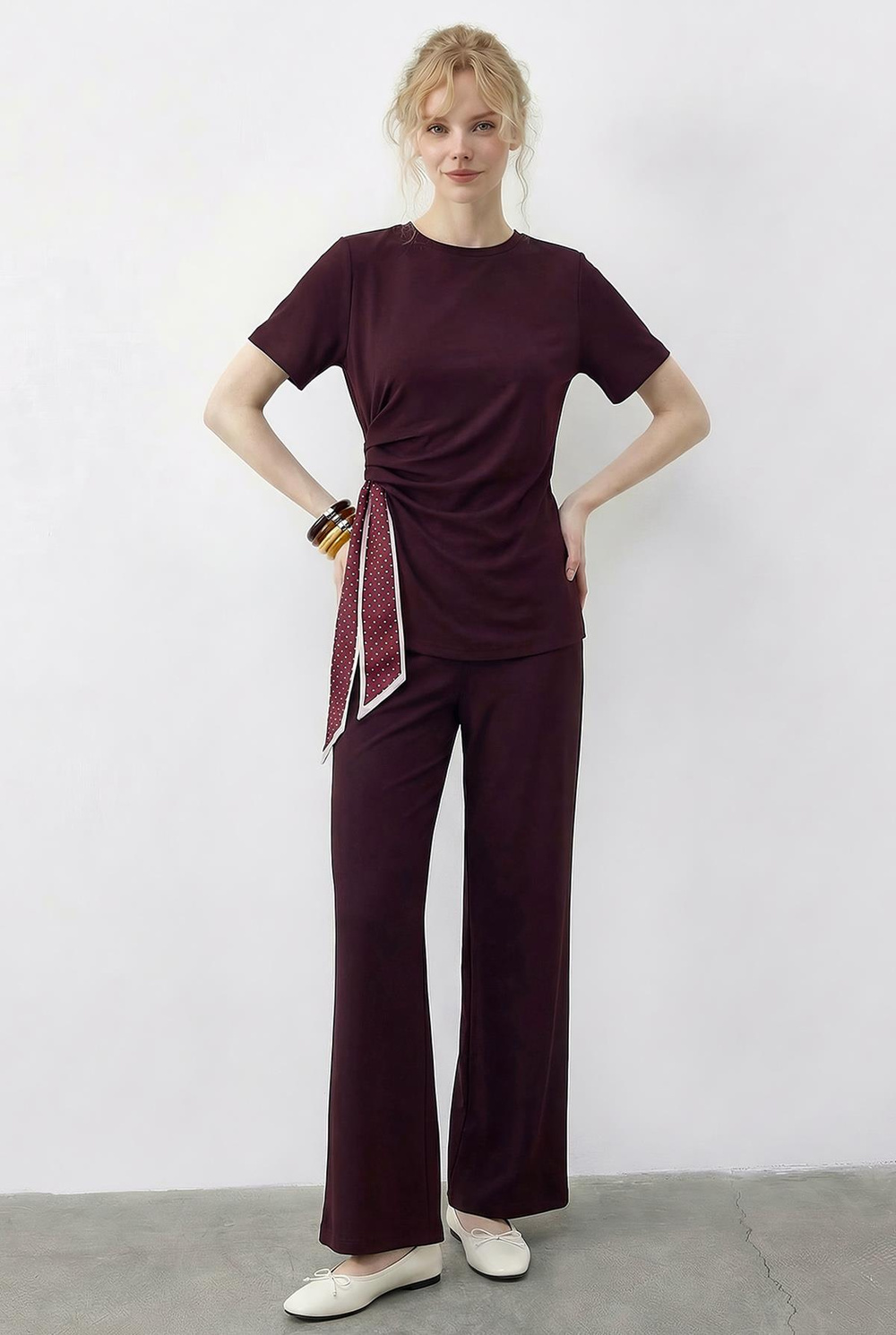 Kadın Fularlı Bağlama Detaylı T-Shirt Yüksek Bel Pantolon Alt-Üst Takım 7630 60286041 - Bordo