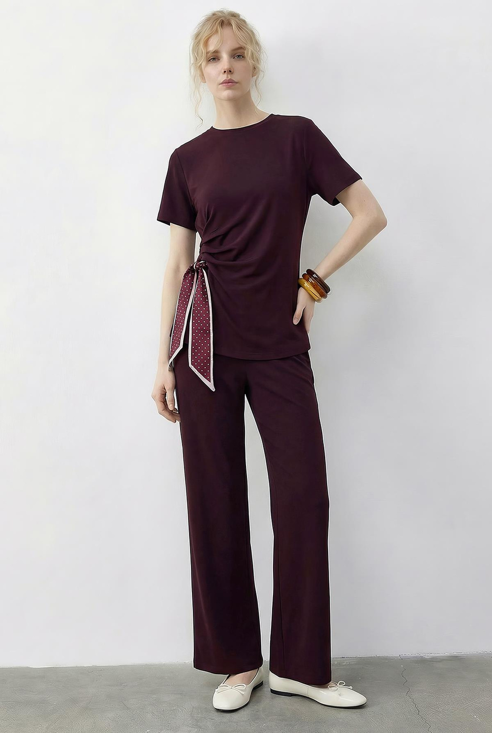 Kadın Fularlı Bağlama Detaylı T-Shirt Yüksek Bel Pantolon Alt-Üst Takım 7630 60286041 - Bordo