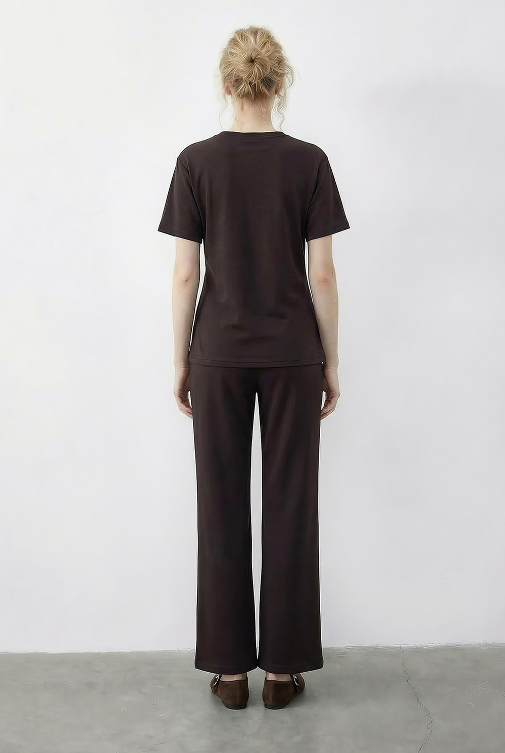 Kadın Fularlı Bağlama Detaylı T-Shirt Yüksek Bel Pantolon Alt-Üst Takım 7630 60286041 - Kahverengi