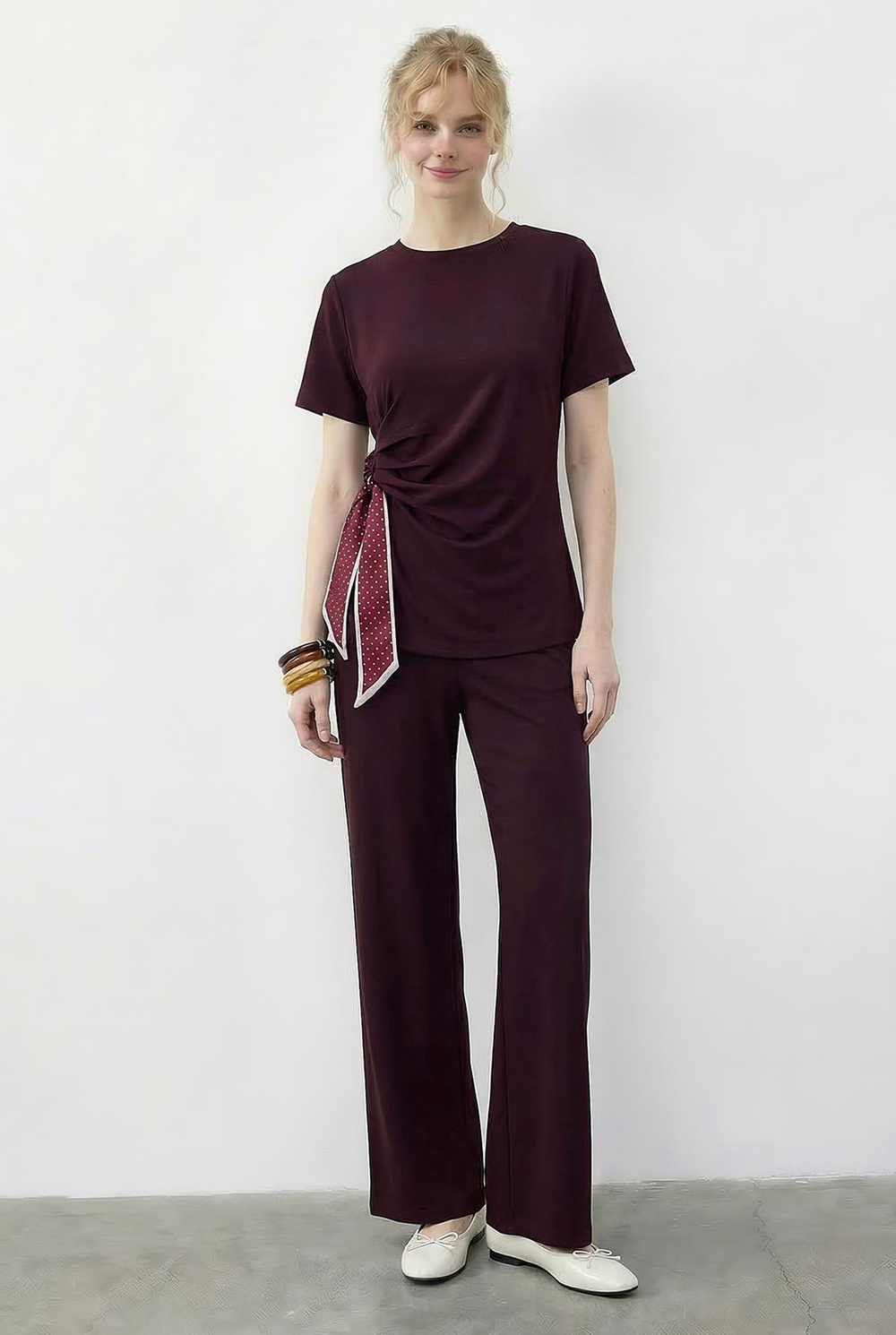 Kadın Fularlı Bağlama Detaylı T-Shirt Yüksek Bel Pantolon Alt-Üst Takım 7630 60286041 - Bordo