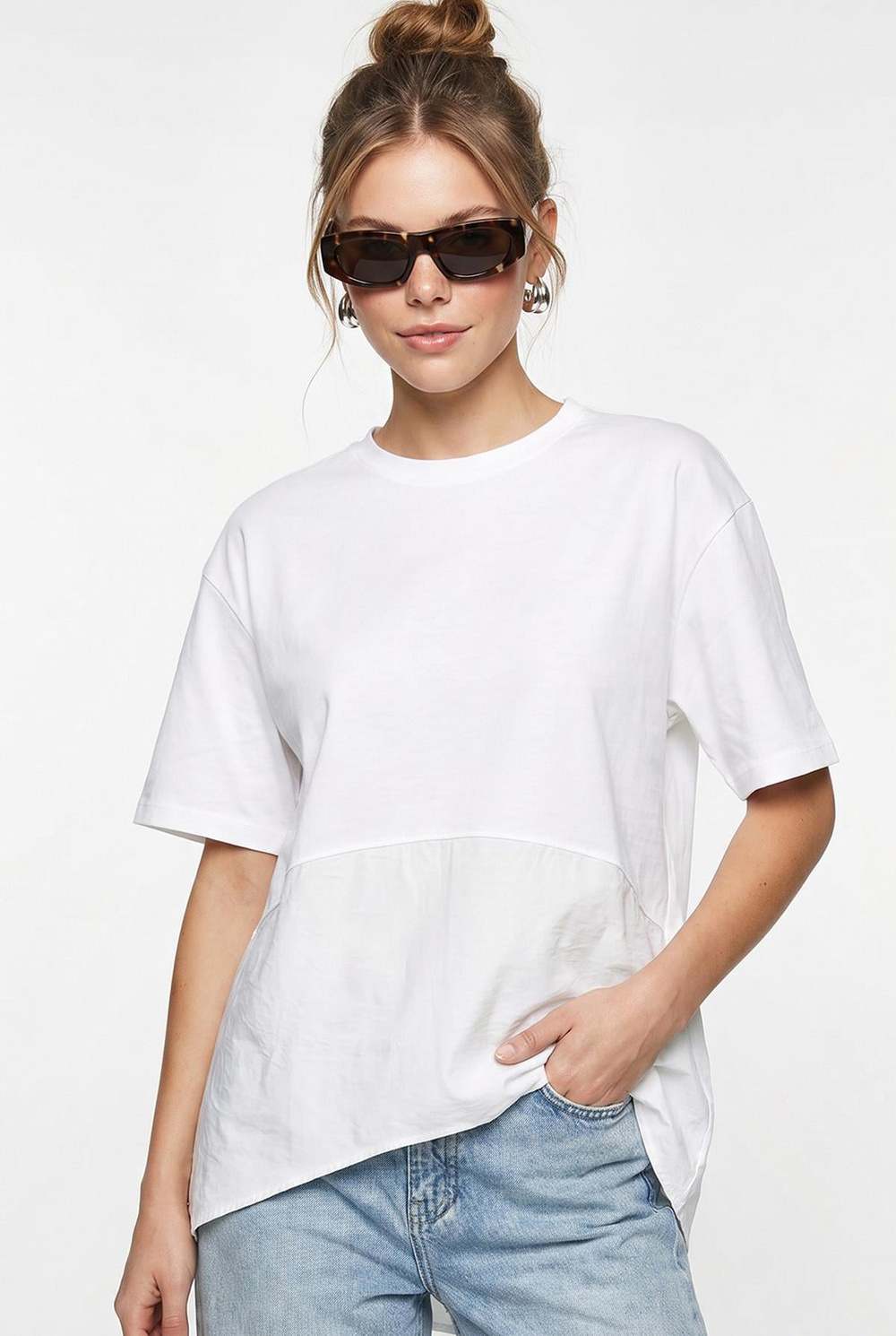 Kadın Garnili Asimetrik Kesim Oversize Basic T-Shirt 1069 60286252 - Beyaz