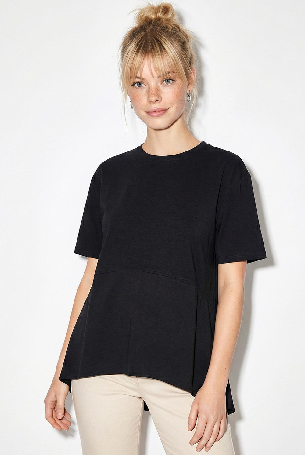 Kadın Garnili Asimetrik Kesim Oversize Basic T-Shirt 1069 60286252 - Siyah