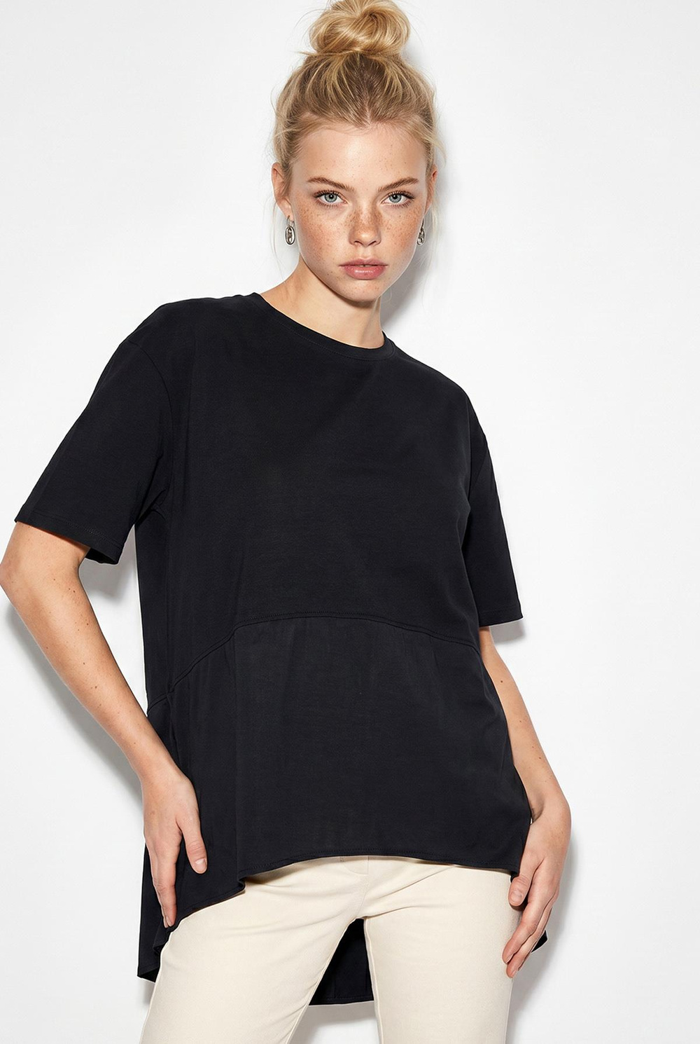 Kadın Garnili Asimetrik Kesim Oversize Basic T-Shirt 1069 60286252 - Siyah