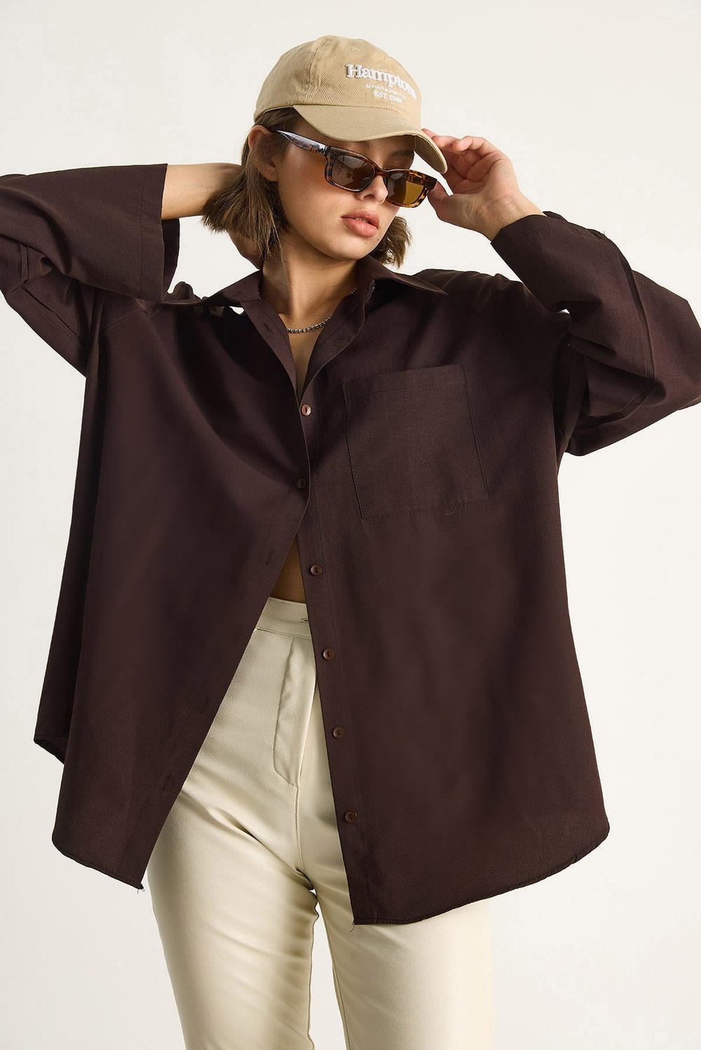 Kadın Geniş Kollu Tek Cep Detaylı Oversize Basic Poplin Gömlek 2144 60284103 - Acı Kahve