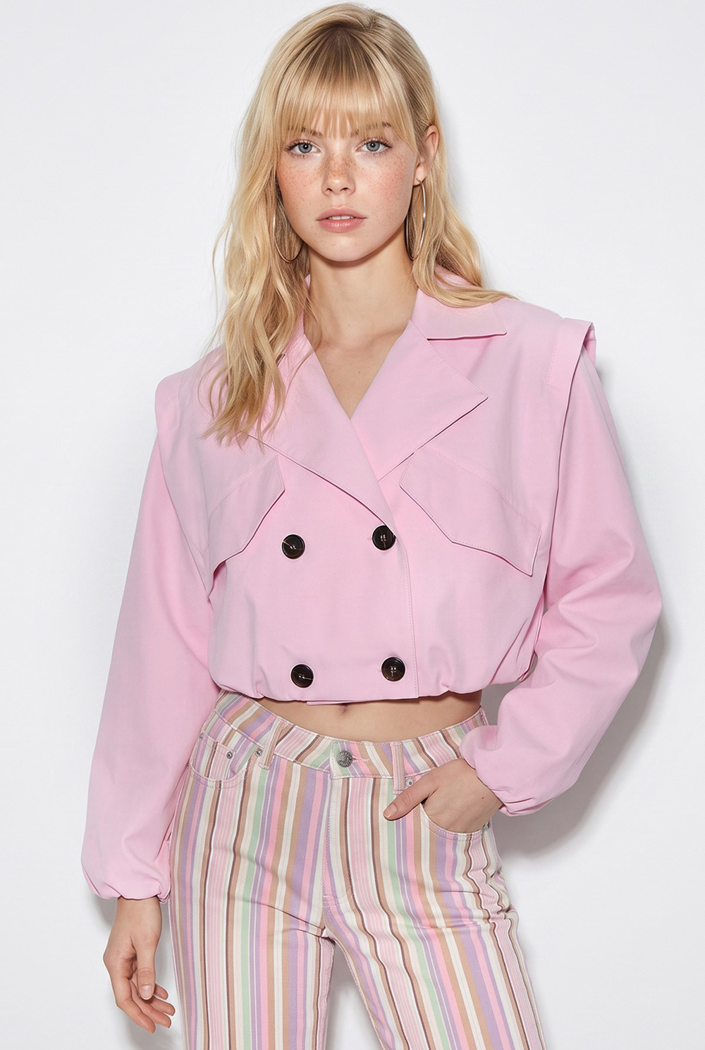 Kadın Geniş Kruvaze Yaka Cep Detaylı Lastikli Crop Trençkot 2834 60286460 - Pembe