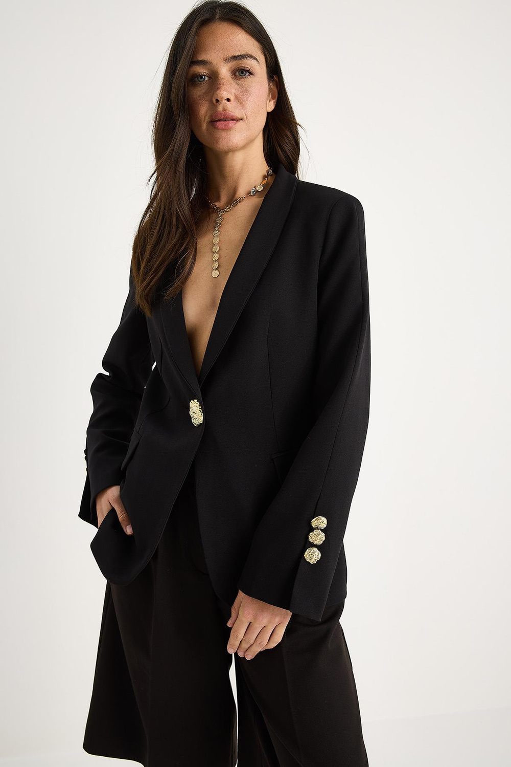 Kadın Gold Düğme Detaylı Hakim Yaka Şık Blazer Ceket 50182 60283264 - Siyah