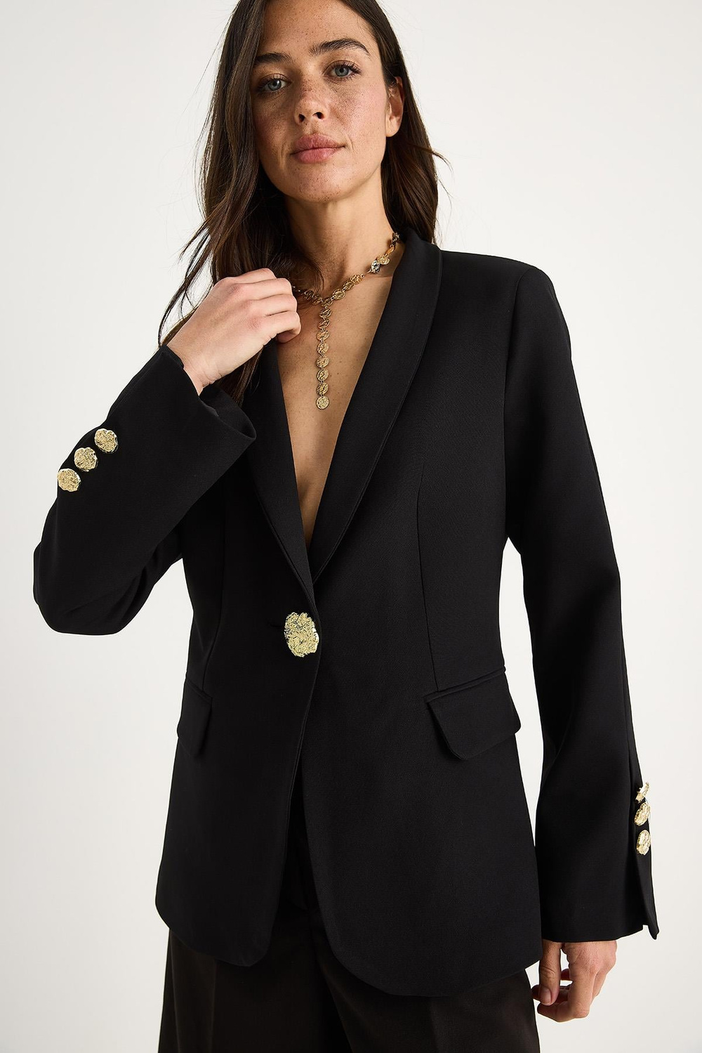 Kadın Gold Düğme Detaylı Hakim Yaka Şık Blazer Ceket 50182 60283264 - Siyah