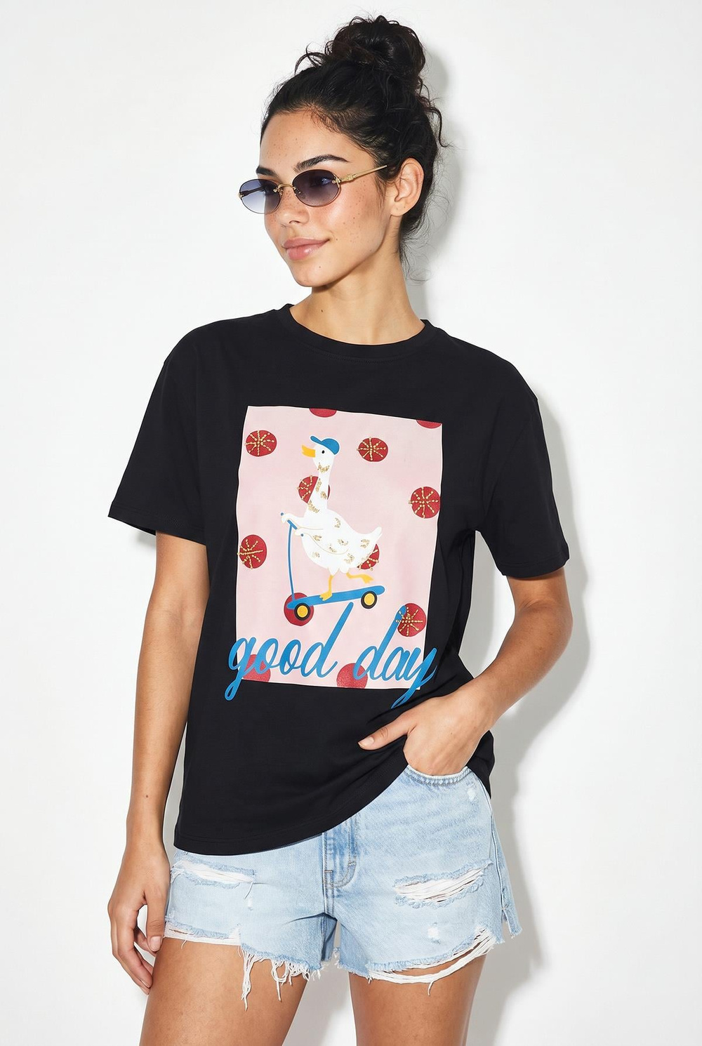 Kadın Good Day Baskılı Nakış Detaylı Relaxed Fit T-Shirt 7642 60286117 - Siyah