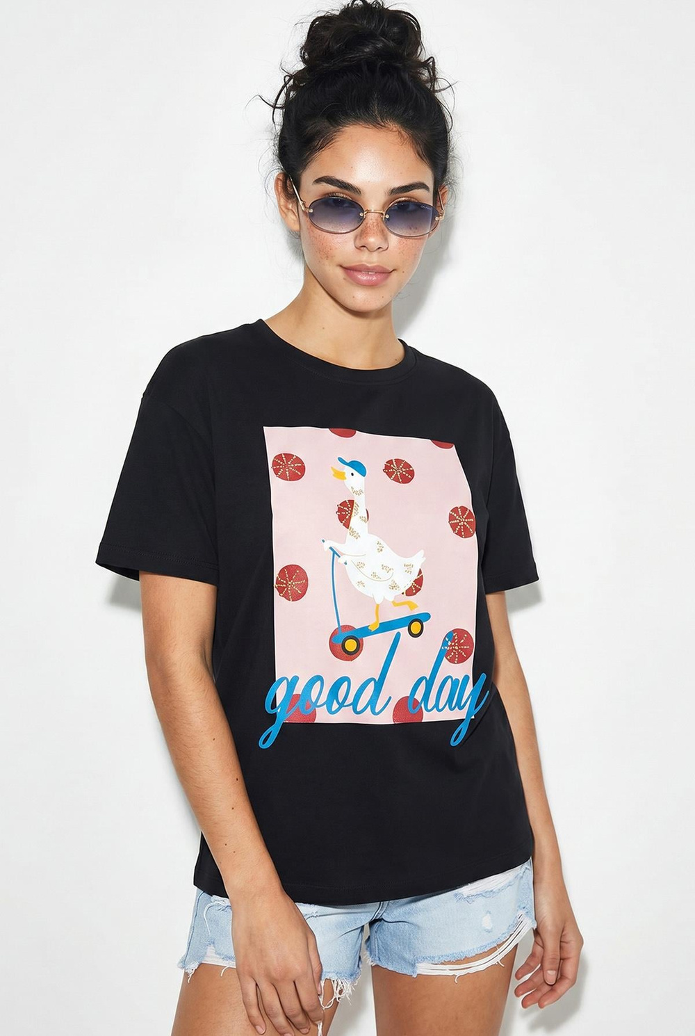 Kadın Good Day Baskılı Nakış Detaylı Relaxed Fit T-Shirt 7642 60286117 - Siyah