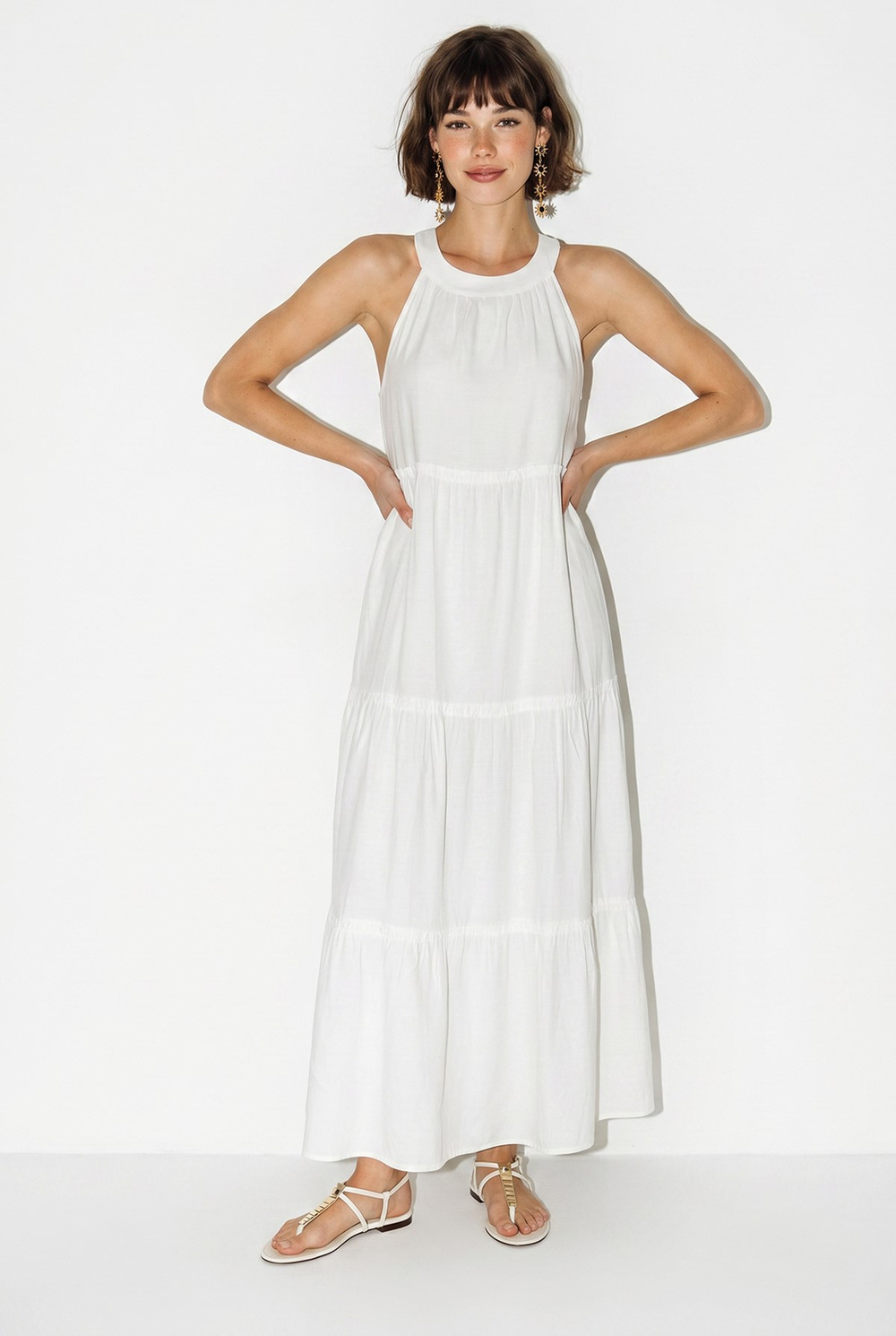 Kadın Halter Yaka Kat Kat Detaylı Modal Maxi Elbise 4852 60286367 - Beyaz