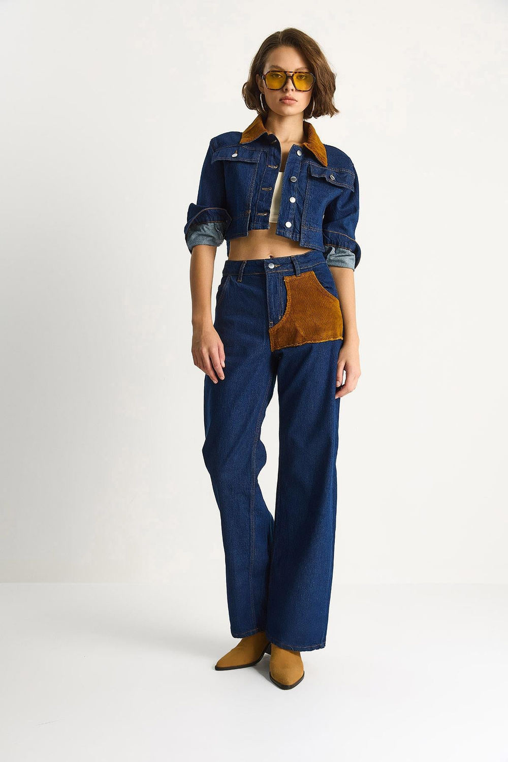 Kadın Kadife Yaka Ceket Renk Bloklu Wide Leg Pantolon Denim Takım 6087 60283532 - Lacivert