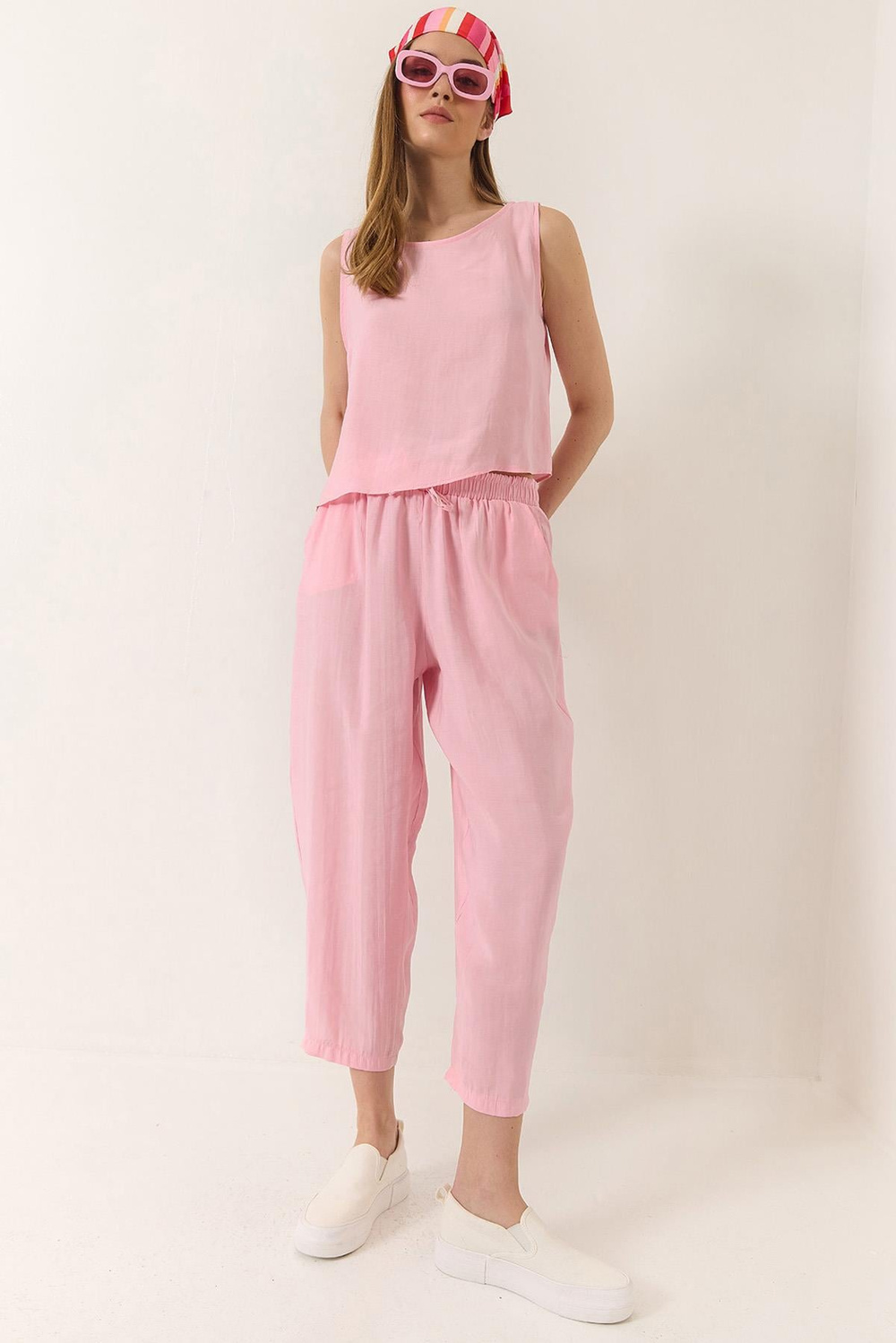 Kadın Kalın Askılı Bluz Beli Lastikli Pantolon Modal Takım 3089 60283231 - Toz Pembe